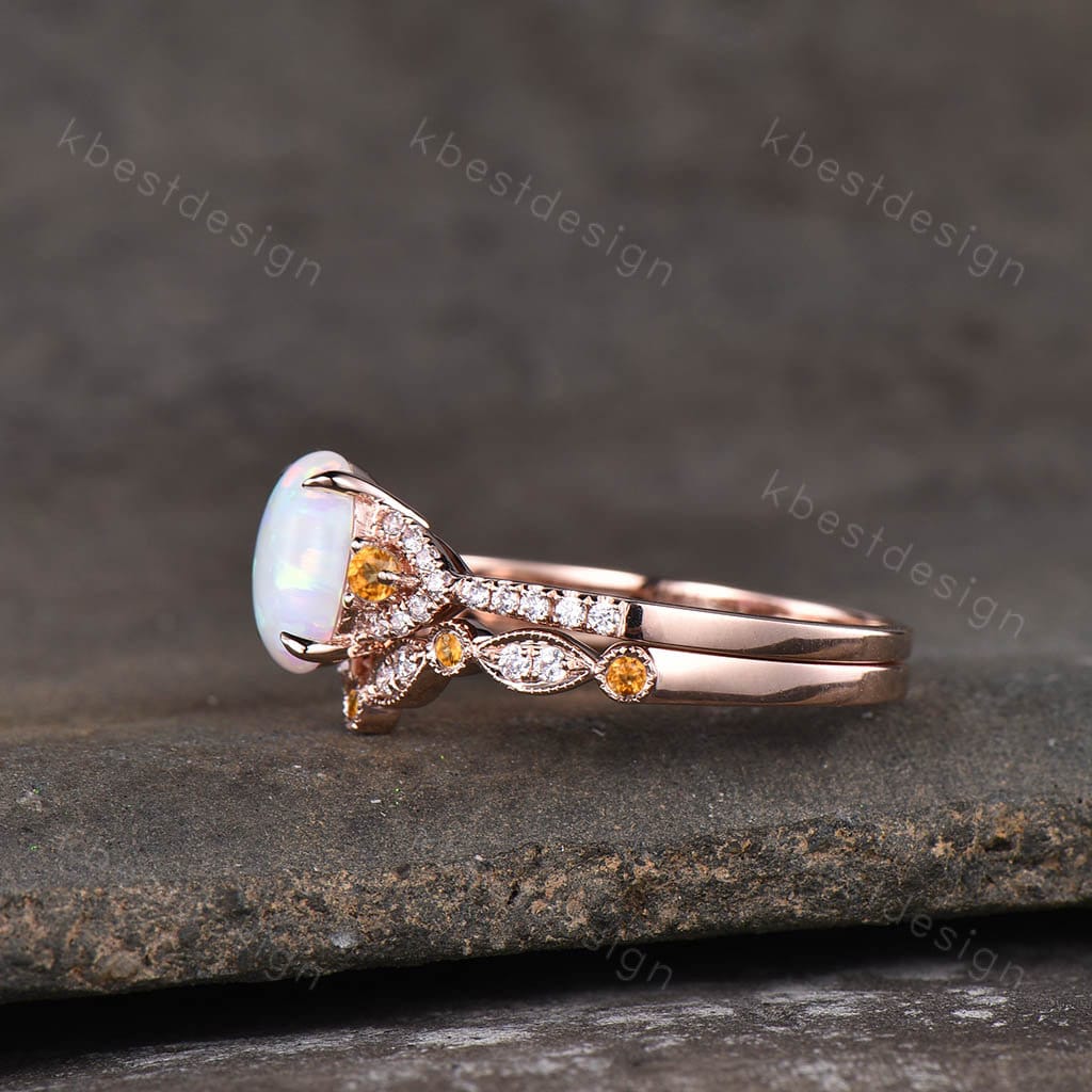 Opal engagement ring set vintage oval cut opal ring art deco Rose gold Citrine wedding ring Unique curved stacking band bridal Promise ring