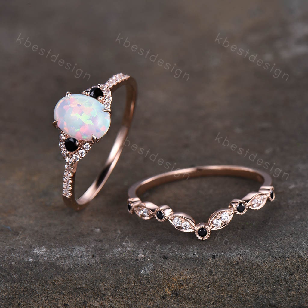 Oval Opal Bridal Set/ White Opal Engagement Ring Set/ 14K Solid Gold Engagement Ring Set/Black Diamond Wedding Ring Set/Anniversary Gift