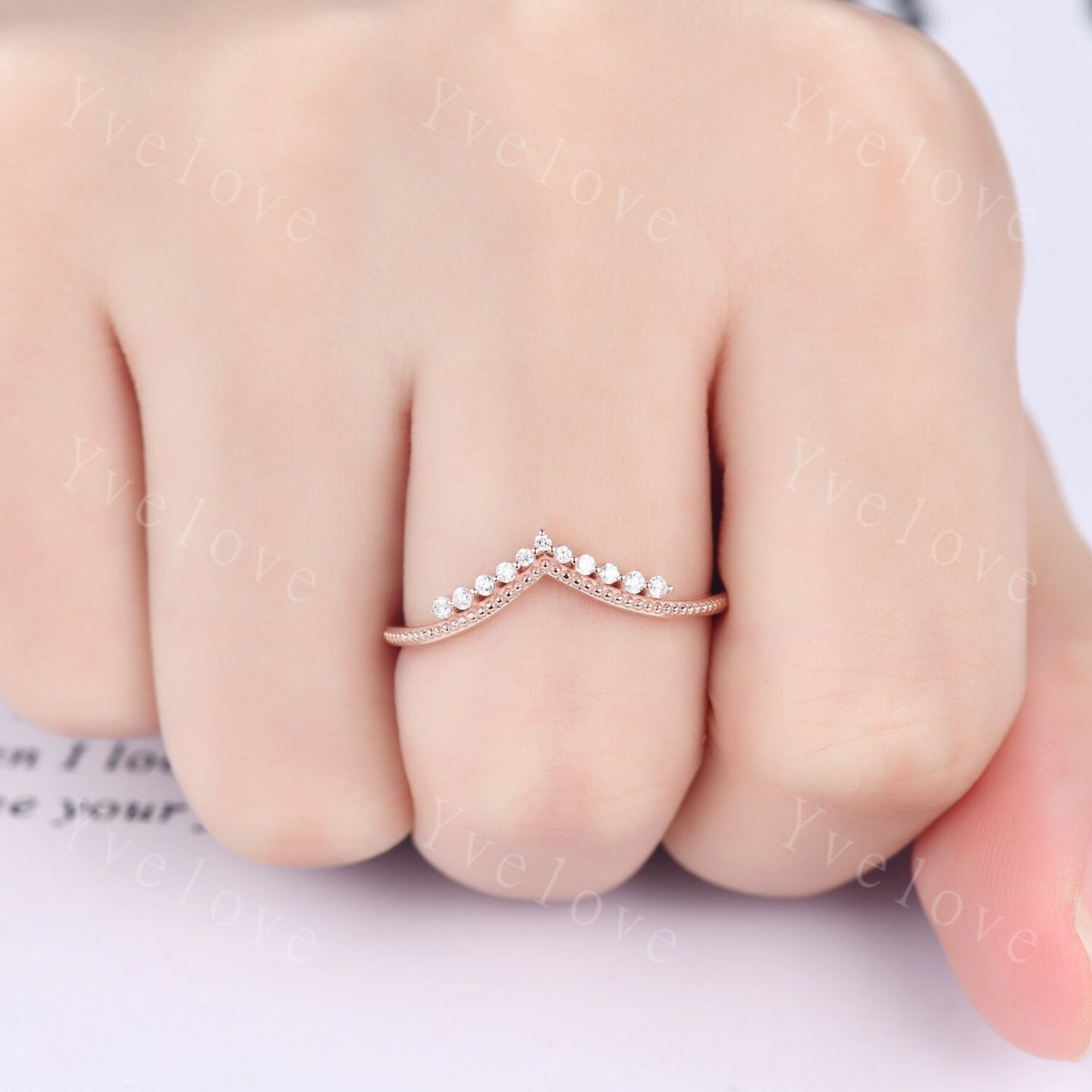 Curved Wedding Band 14k Sold White Gold Diamond Ring Women Chevron Matching Stacking Moissanite Band Unique Promise Anniversary Bridal Ring