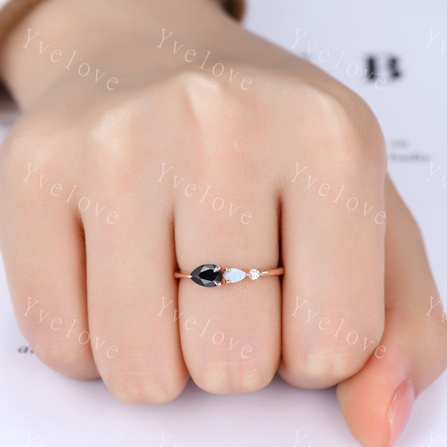 Vintage Black Onyx Opal Engagement Ring,Pear Cut Gems,Art Deco Moissanite Wedding Band,3 Stone Unique Women Bridal Promise Ring Gift,Custom