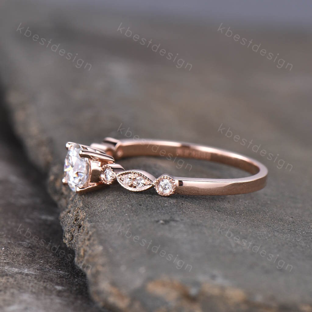 Aquamarine Dainty Ring, Rose Gold Engagement Ring, March Birthstone Ring, Art Deco Moissanite Ring, Unique Women Bridal Promise Ring