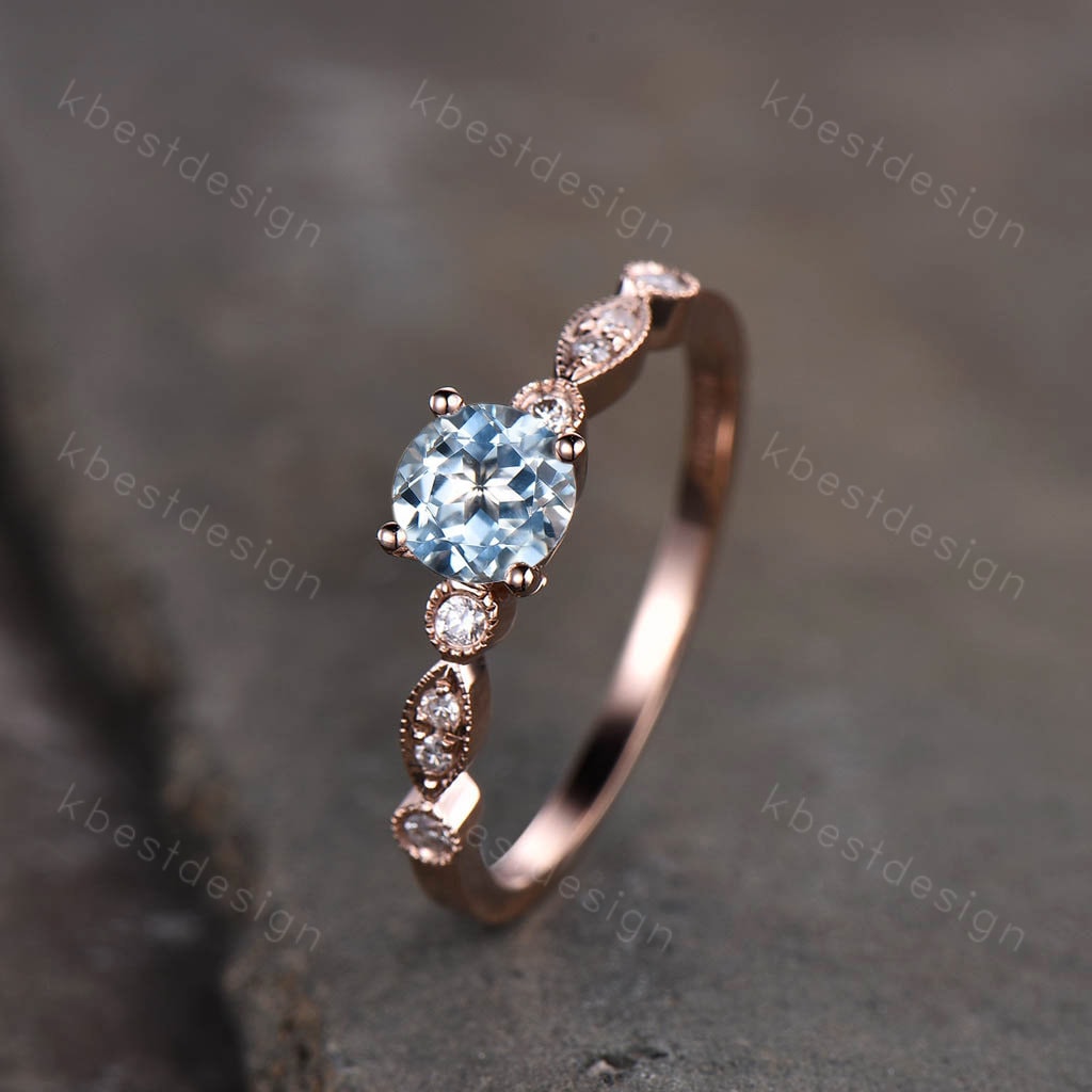Aquamarine Dainty Ring, Rose Gold Engagement Ring, March Birthstone Ring, Art Deco Moissanite Ring, Unique Women Bridal Promise Ring