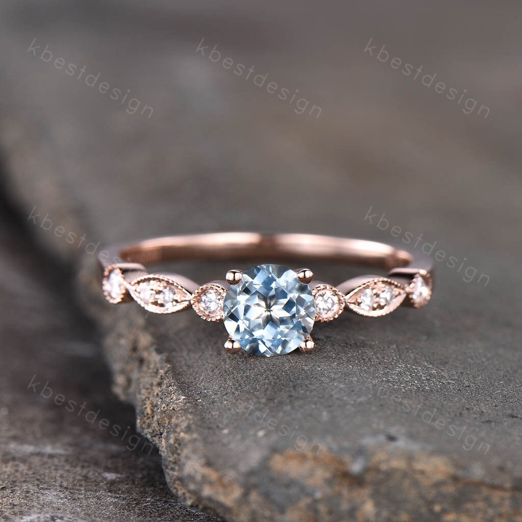 Aquamarine Dainty Ring, Rose Gold Engagement Ring, March Birthstone Ring, Art Deco Moissanite Ring, Unique Women Bridal Promise Ring