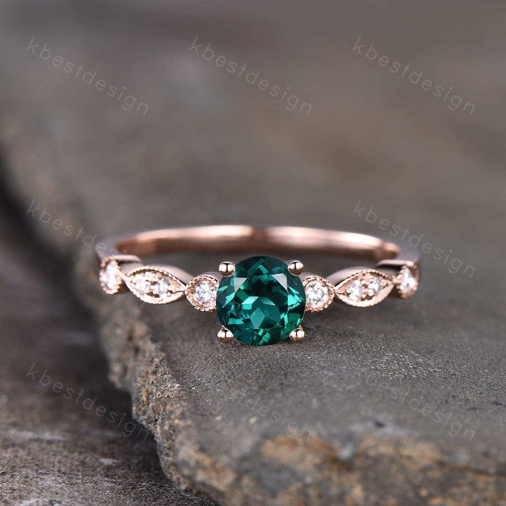 Art Deco Emerald Engagement Ring, Round Cut Emerald Ring, Unique Moissanite Wedding Ring, Rose Gold Emerald Ring, May Birthstone Ring