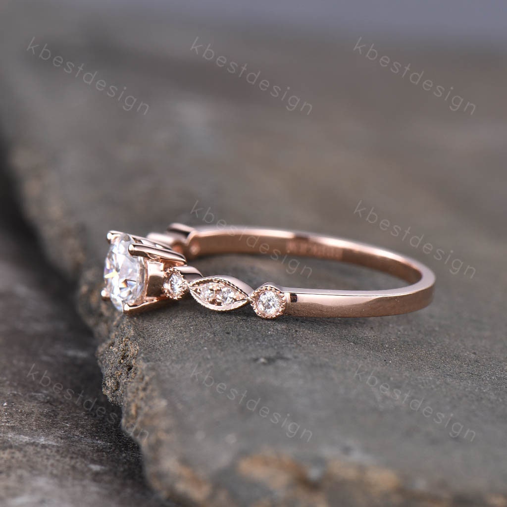14K Rose Gold Opal Ring Round Cut White Opal Engagement Ring Unique Art Deco Moissanite Wedding Ring Delicate Ring Bridal Promise Ring