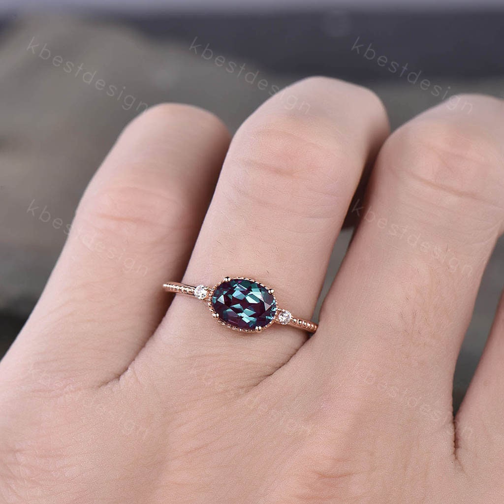 Oval Alexandrite Engagement Ring Unique Art Deco Milgrain Ring Women Rose Gold Ring Vintage Bridal Promise Ring June Birthstone Ring
