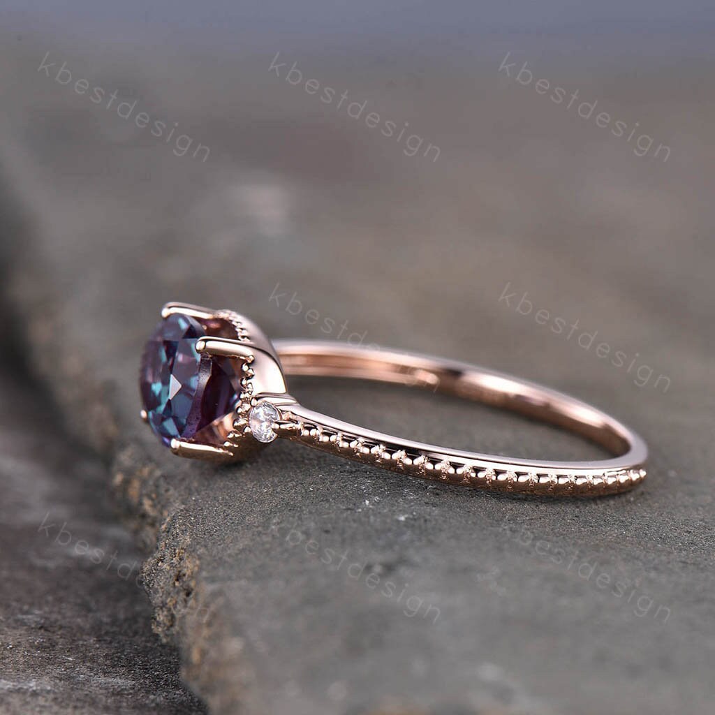 Oval Alexandrite Engagement Ring Unique Art Deco Milgrain Ring Women Rose Gold Ring Vintage Bridal Promise Ring June Birthstone Ring