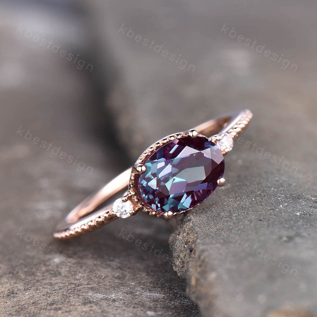 Oval Alexandrite Engagement Ring Unique Art Deco Milgrain Ring Women Rose Gold Ring Vintage Bridal Promise Ring June Birthstone Ring
