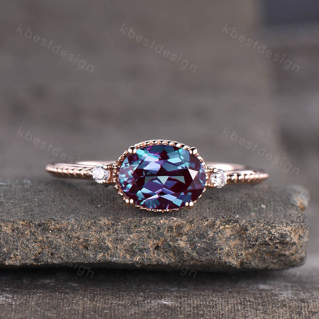 Oval Alexandrite Engagement Ring Unique Art Deco Milgrain Ring Women Rose Gold Ring Vintage Bridal Promise Ring June Birthstone Ring