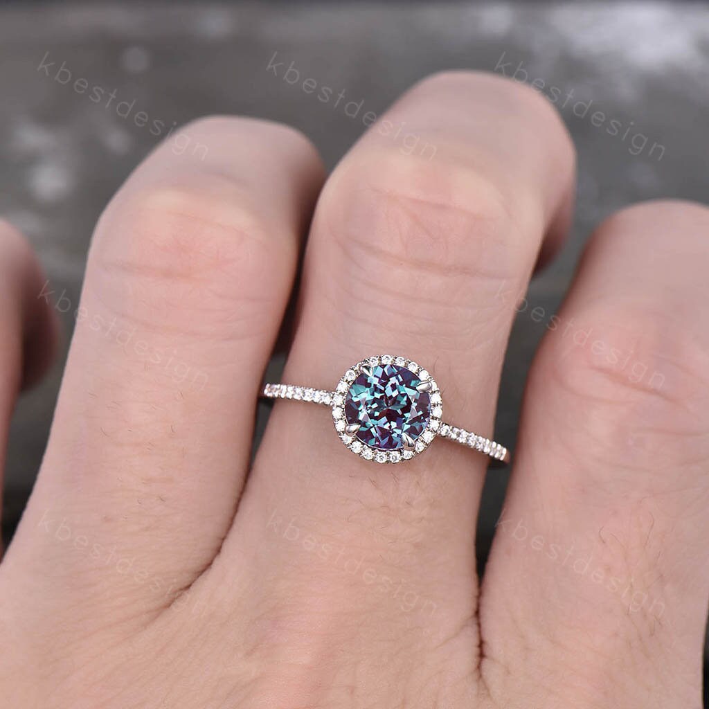 Alexandrite engagement ring Round cut white gold promise ring Vintage Moissanite ring Art Deco Bridal Wedding ring Anniversary gift