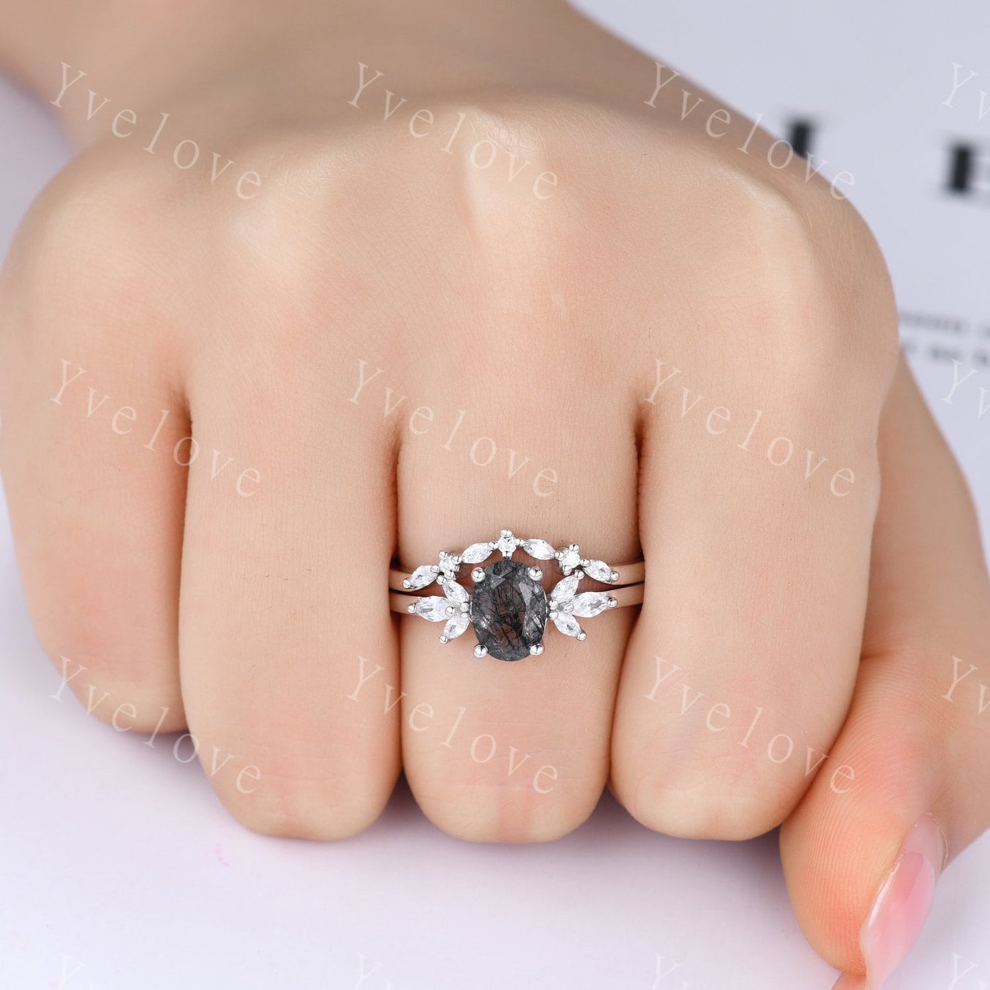 Black Rutilated Quartz Engagement Ring Set Art Deco Ring Women Stacking Diamond Moissanite Matching Band Unique Vintage Floral Jewelry Gold