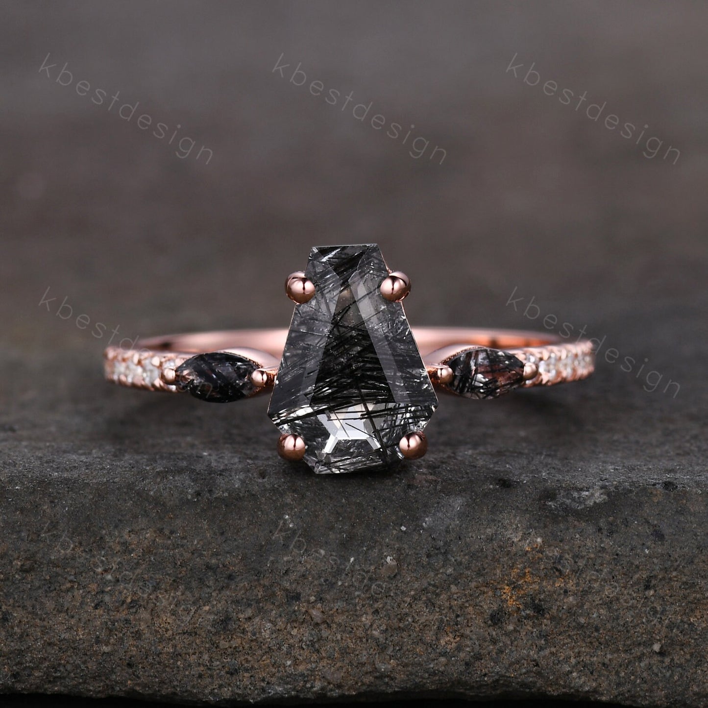 Vintage coffin cut black rutilated quartz engagement ring Marquise cut ring 14k Rose gold unique ring Moissanite pave band Anniversary ring