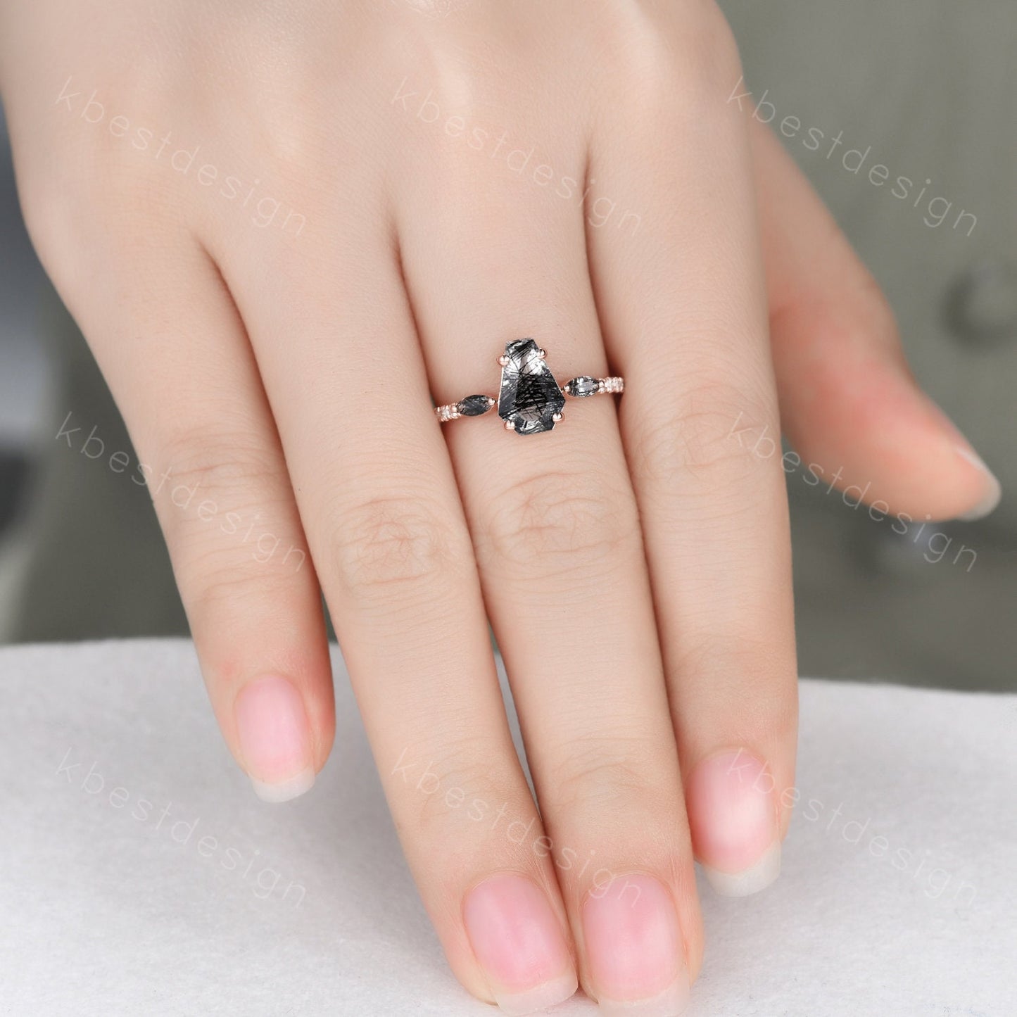 Vintage coffin cut black rutilated quartz engagement ring Marquise cut ring 14k Rose gold unique ring Moissanite pave band Anniversary ring