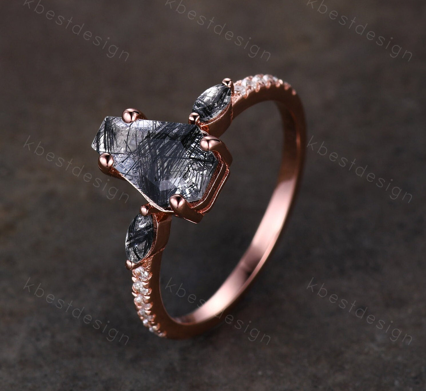 Vintage coffin cut black rutilated quartz engagement ring Marquise cut ring 14k Rose gold unique ring Moissanite pave band Anniversary ring