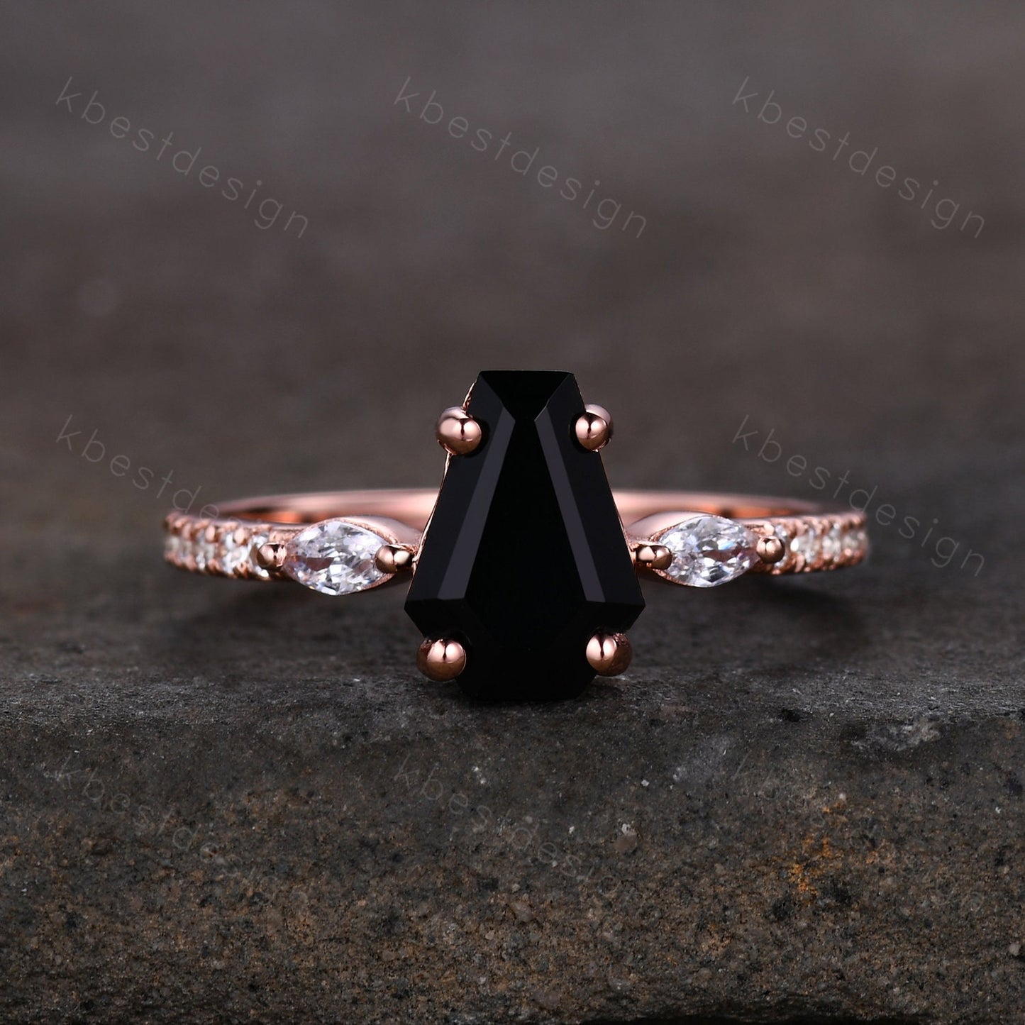 Coffin Shape Black Onyx Engagement Ring Vintage Rose Gold Moissanite Wedding Ring Unique Marquise cut Cluster Ring Antique Promise Ring