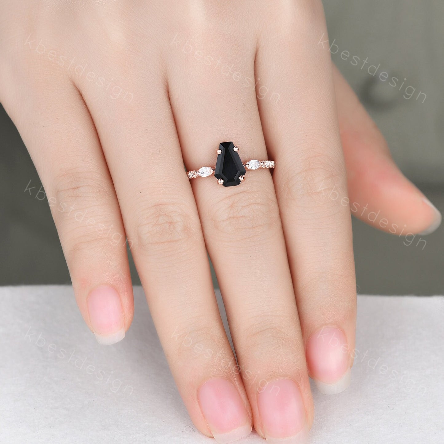 Coffin Shape Black Onyx Engagement Ring Vintage Rose Gold Moissanite Wedding Ring Unique Marquise cut Cluster Ring Antique Promise Ring