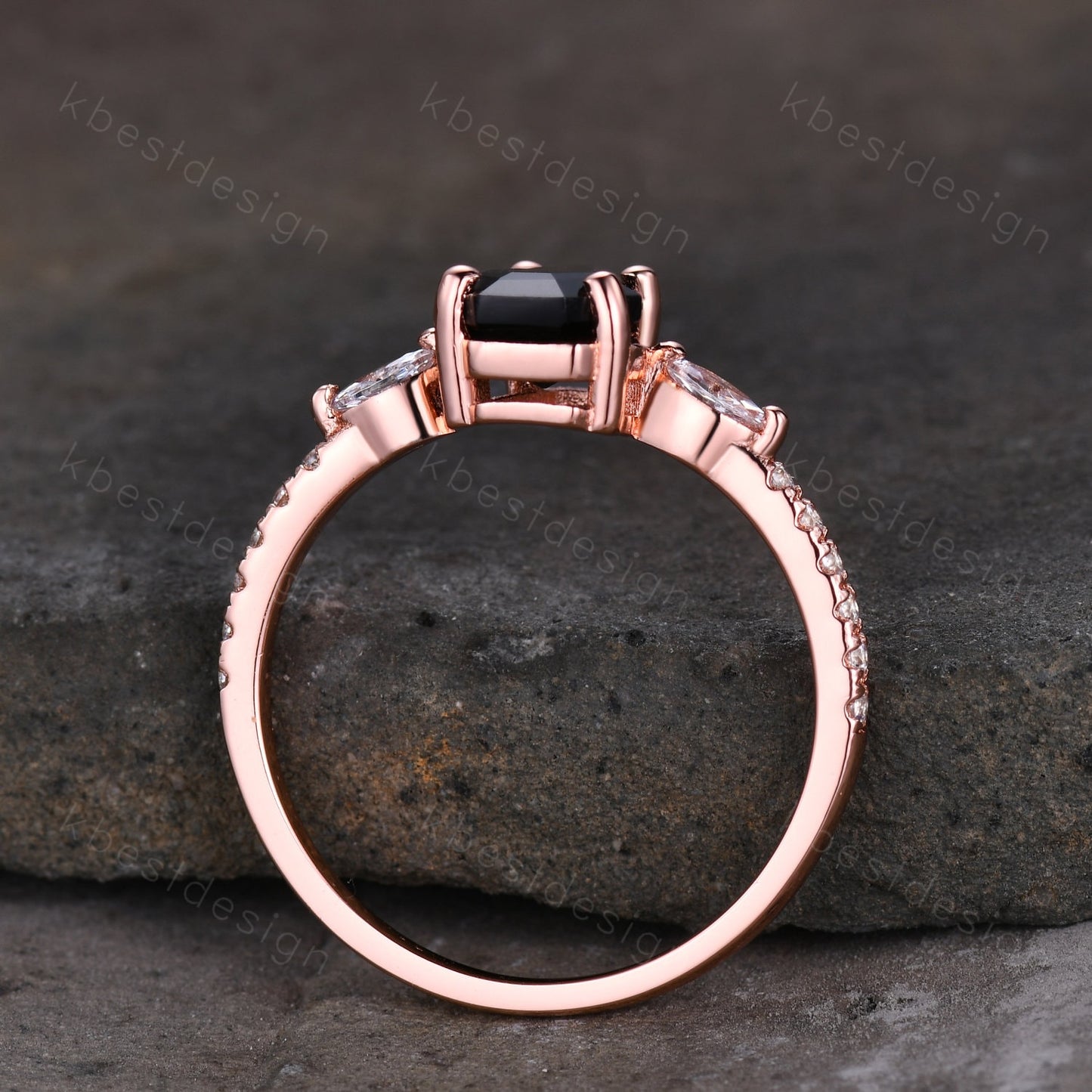 Coffin Shape Black Onyx Engagement Ring Vintage Rose Gold Moissanite Wedding Ring Unique Marquise cut Cluster Ring Antique Promise Ring