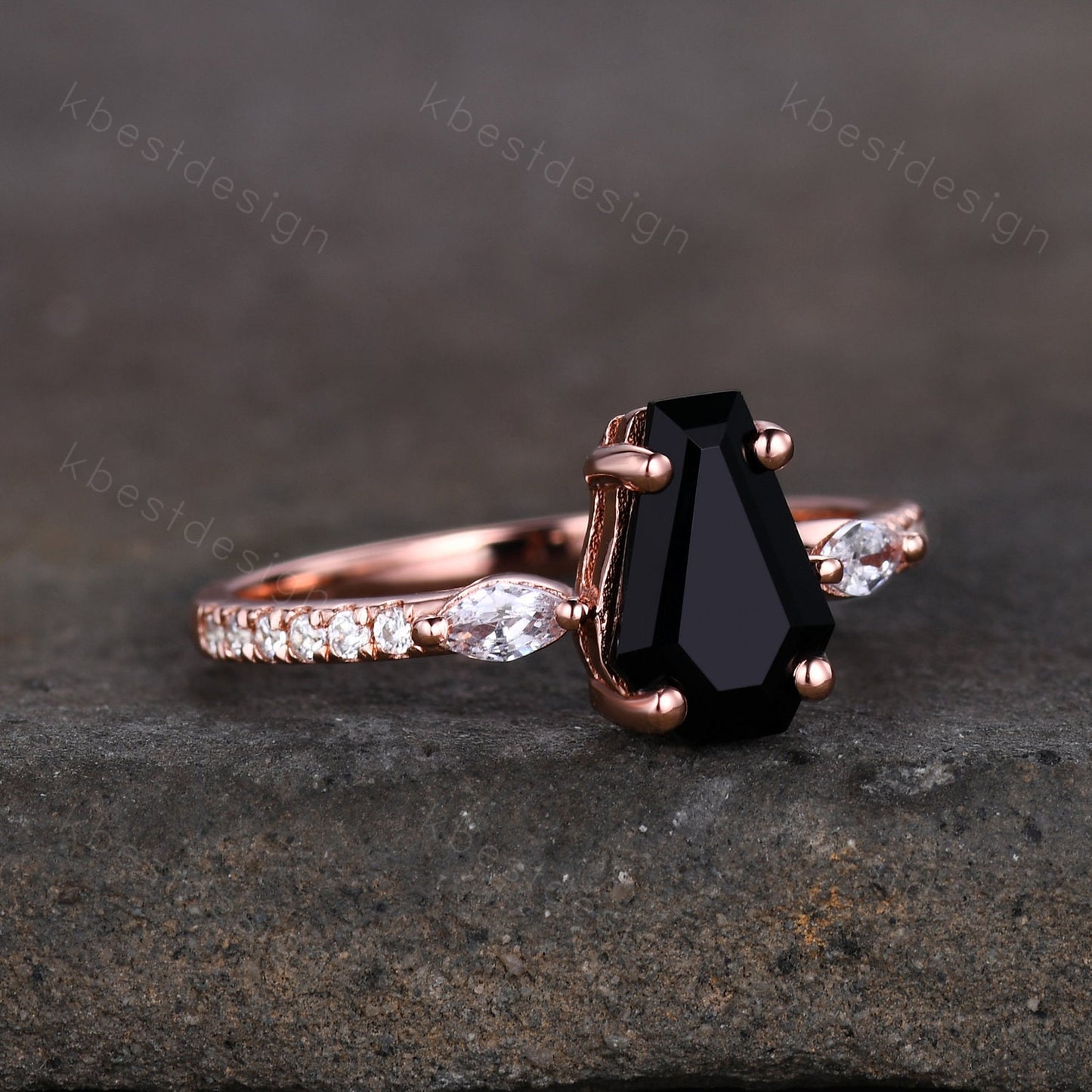 Coffin Shape Black Onyx Engagement Ring Vintage Rose Gold Moissanite Wedding Ring Unique Marquise cut Cluster Ring Antique Promise Ring