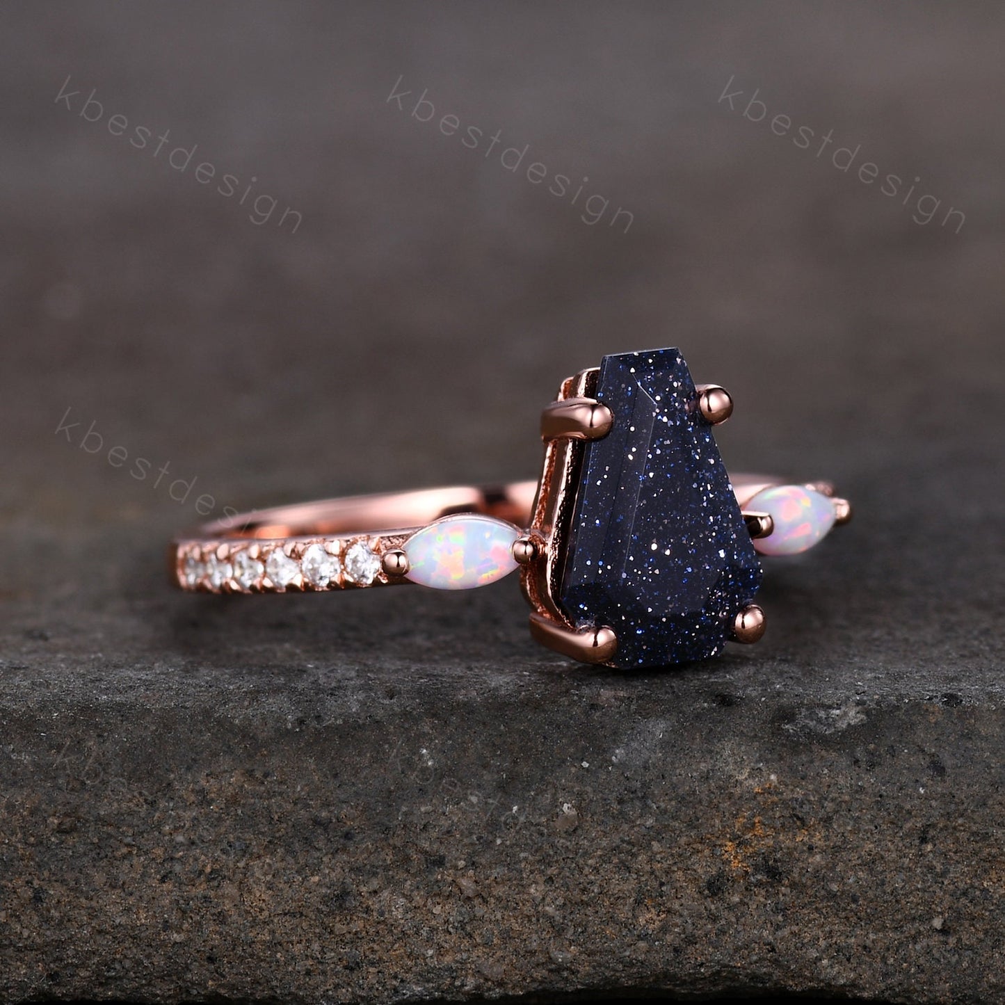 Coffin Shape Blue Sandstone Engagement Ring Vintage Rose Gold Marquise Opal Wedding Ring Unique Cluster Ring Antique Promise Ring
