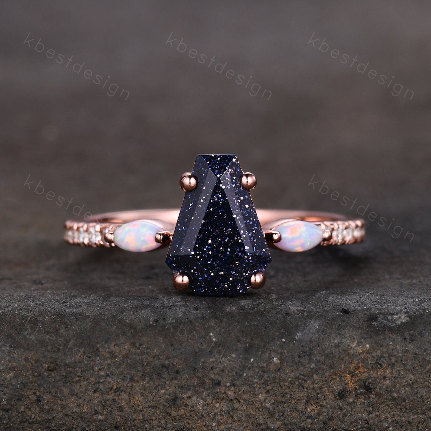 Coffin Shape Blue Sandstone Engagement Ring Vintage Rose Gold Marquise Opal Wedding Ring Unique Cluster Ring Antique Promise Ring