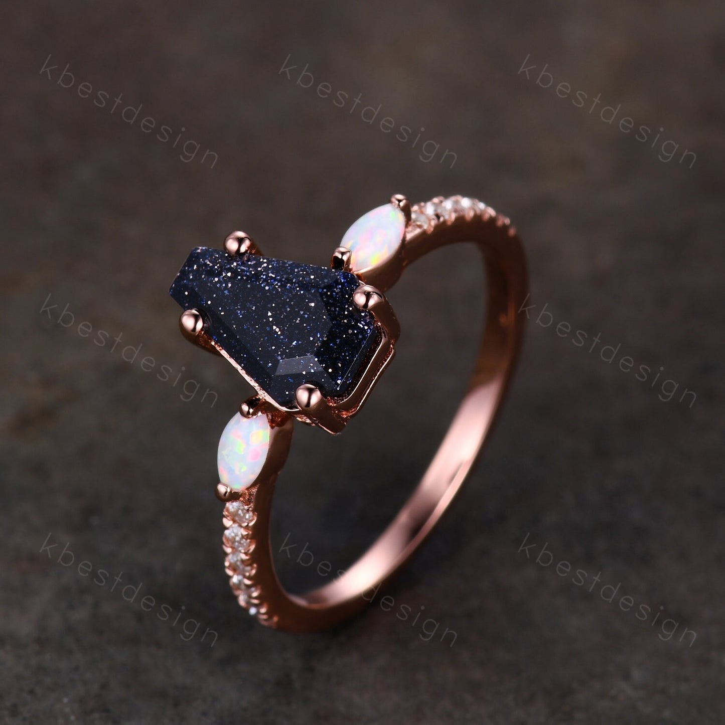 Coffin Shape Blue Sandstone Engagement Ring Vintage Rose Gold Marquise Opal Wedding Ring Unique Cluster Ring Antique Promise Ring