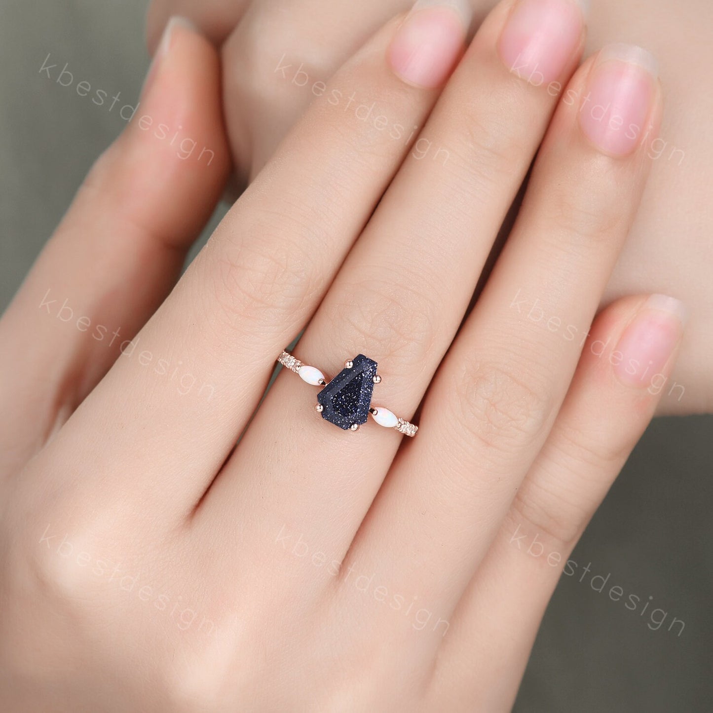 Coffin Shape Blue Sandstone Engagement Ring Vintage Rose Gold Marquise Opal Wedding Ring Unique Cluster Ring Antique Promise Ring
