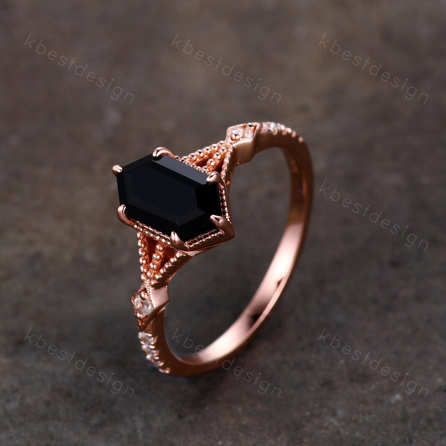 Elongated Hexagon cut Black Onyx Ring Vintage Rose Gold Ring Unique Black Stone Engagement Ring Promise Ring Anniversary Ring Gift For Her