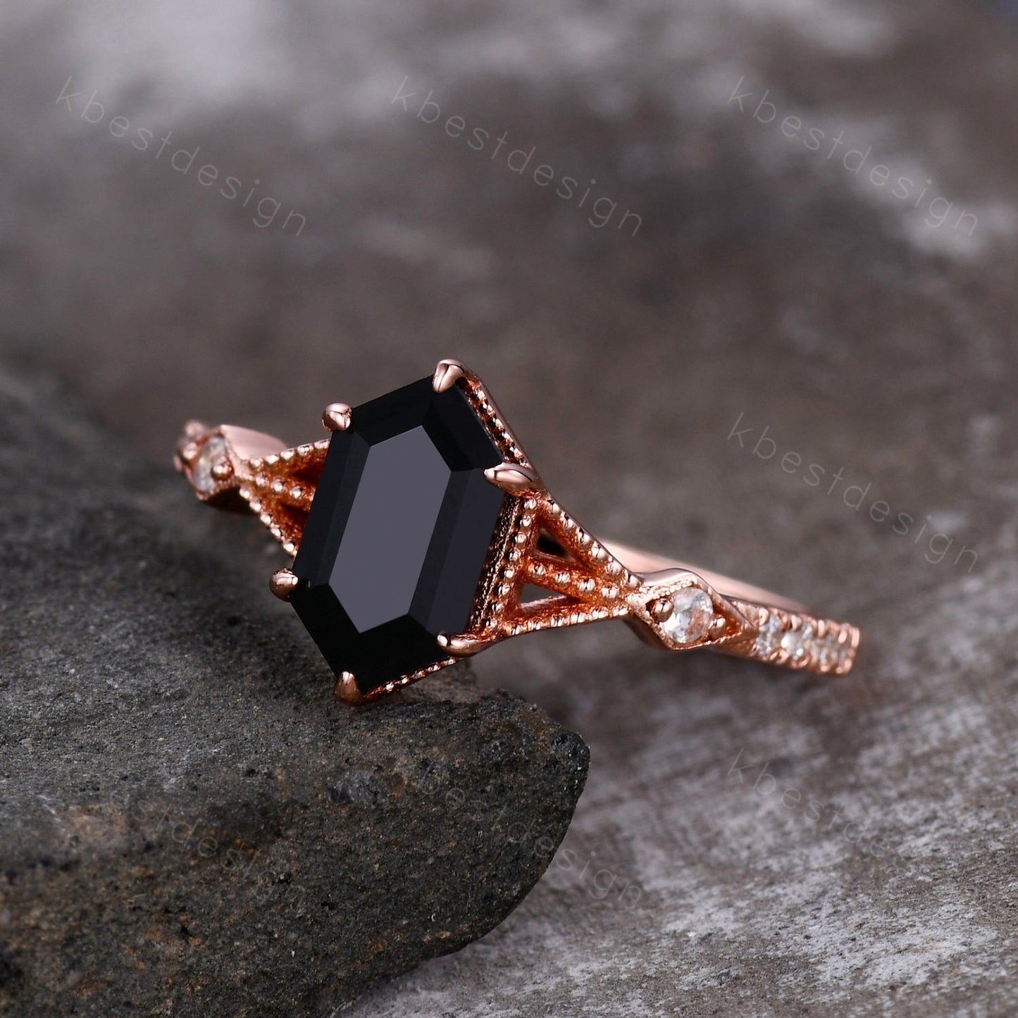 Elongated Hexagon cut Black Onyx Ring Vintage Rose Gold Ring Unique Black Stone Engagement Ring Promise Ring Anniversary Ring Gift For Her