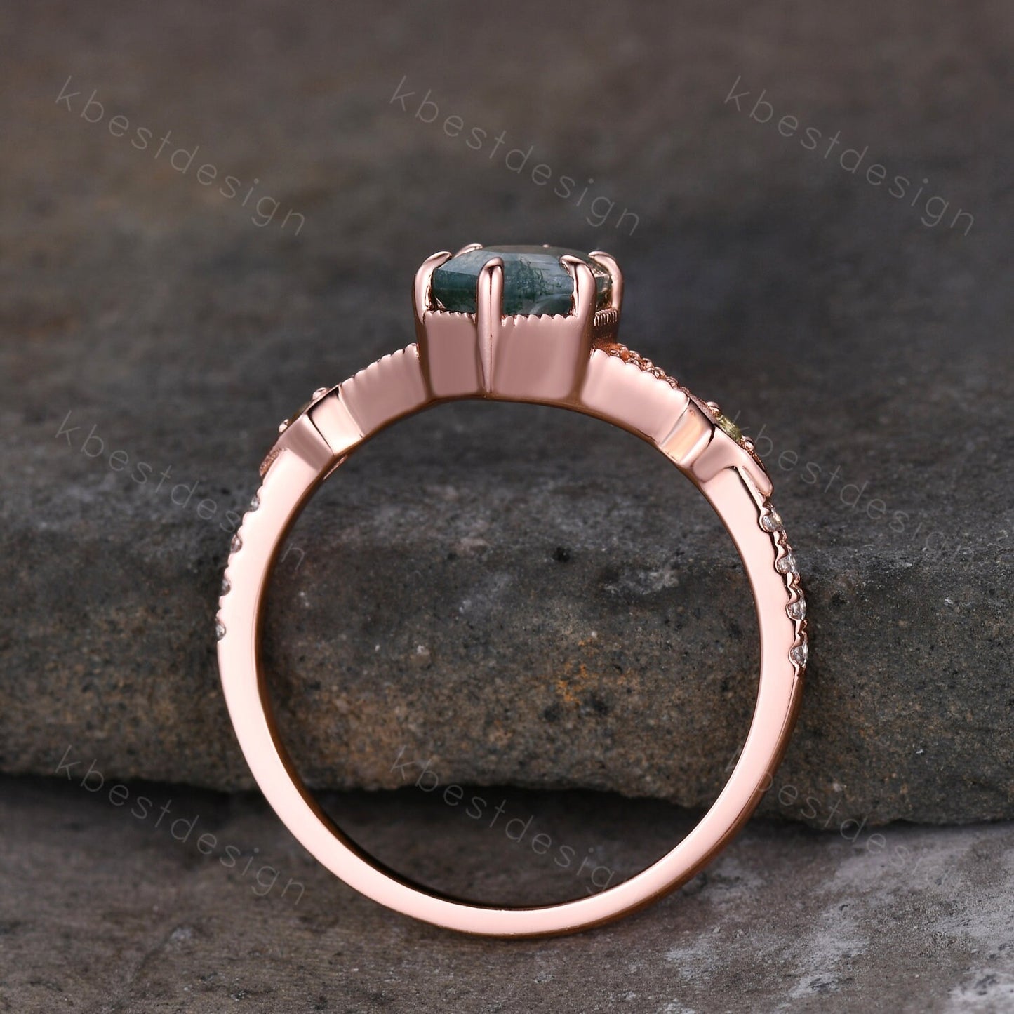 Vintage Long Hexagon Cut Moss Agate Ring Women's Ring Antique Rose Gold Green Agate Engagement Ring Peridot Ring Unique Bridal Promise Ring