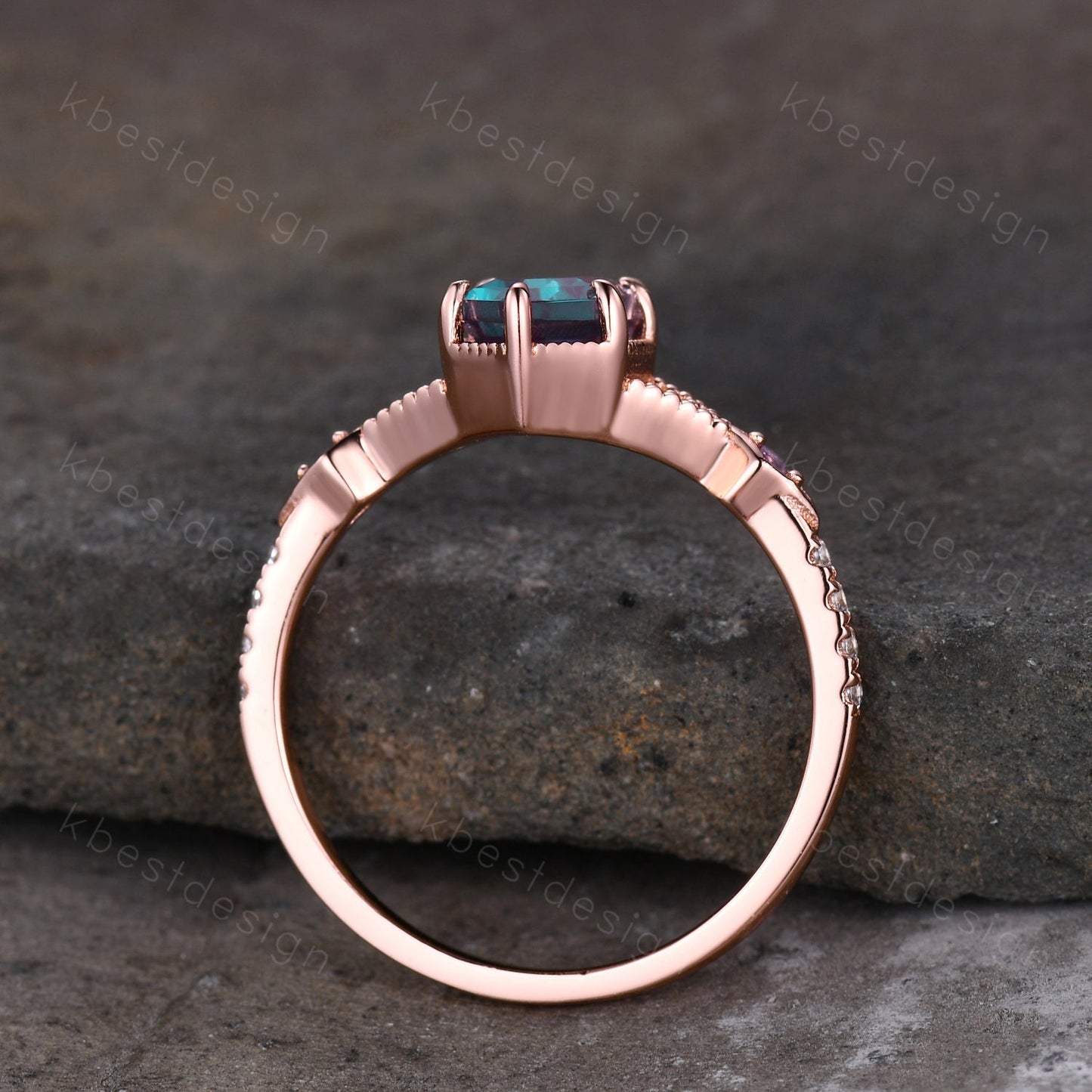 Vintage Alexandrite Engagement Ring Rose Gold ring Antique Hexagon cut Bridal ring Art deco Wedding Ring Milgrain Anniversary Promise Ring