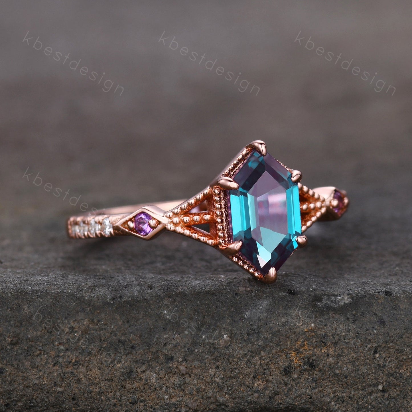 Vintage Alexandrite Engagement Ring Rose Gold ring Antique Hexagon cut Bridal ring Art deco Wedding Ring Milgrain Anniversary Promise Ring