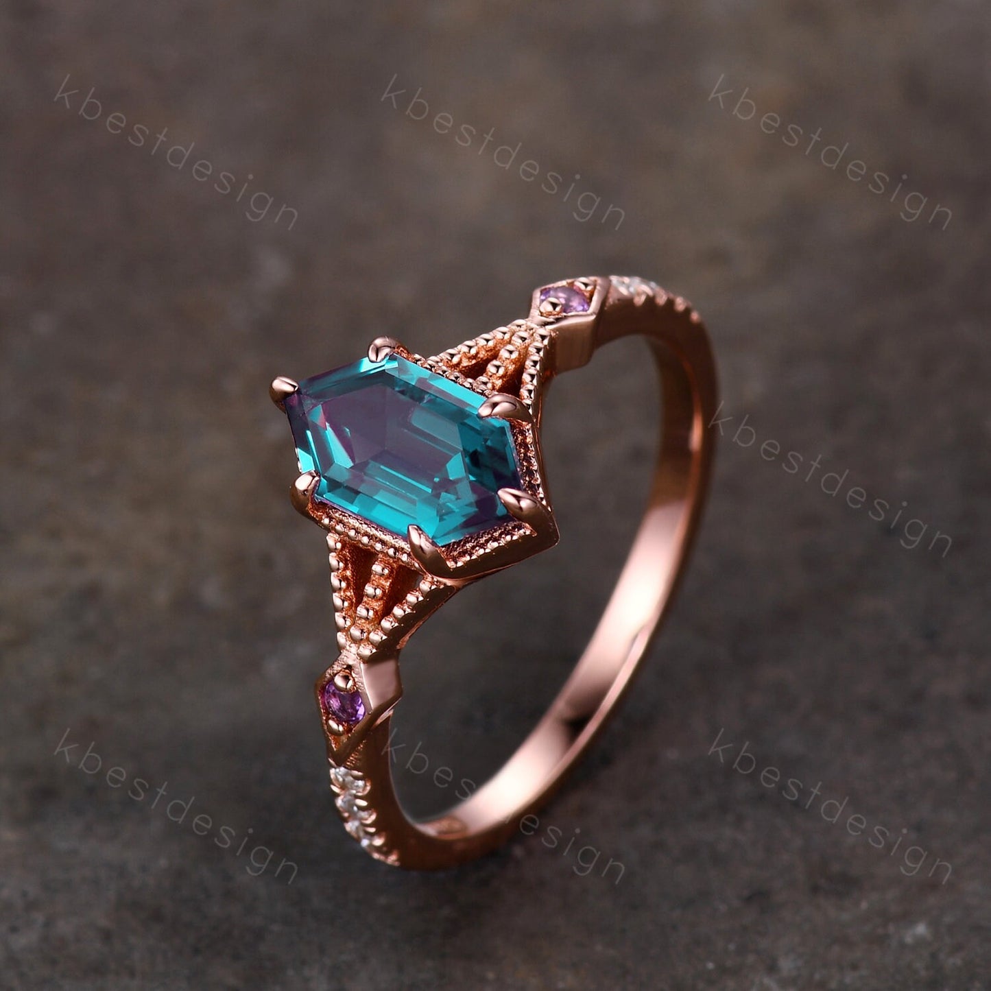 Vintage Alexandrite Engagement Ring Rose Gold ring Antique Hexagon cut Bridal ring Art deco Wedding Ring Milgrain Anniversary Promise Ring