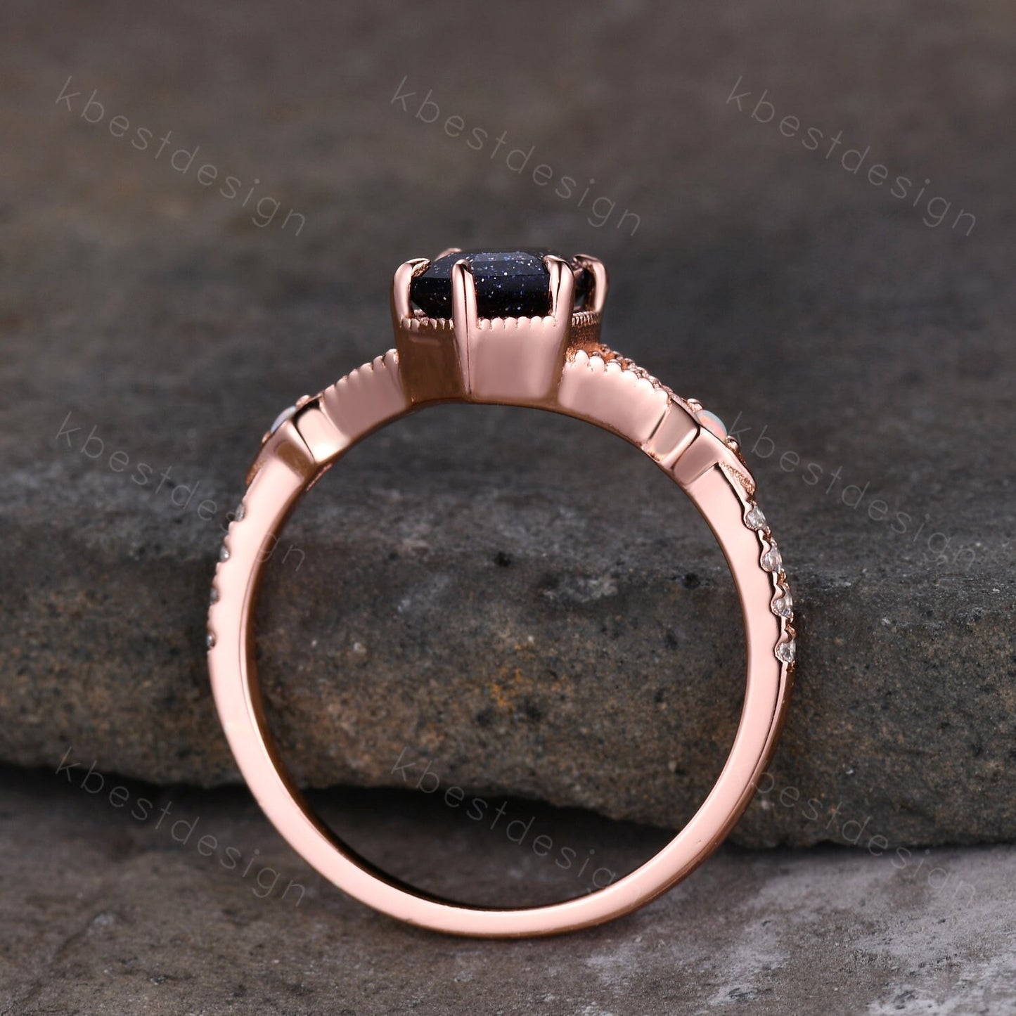 Vintage Blue Sandstone Engagement Ring Rose Gold Antique Hexagon cut ring Bridal Opal Art deco Wedding Ring Anniversary ring