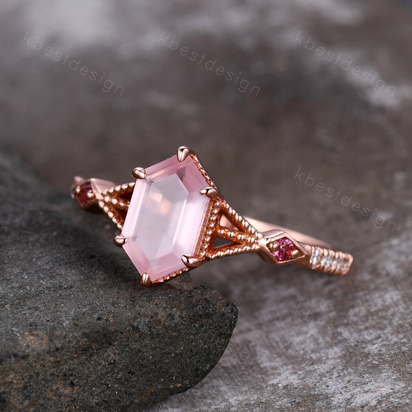 Retro Long hexagon Rose Quartz Ring Vintage Rose Gold Engagement Ring Unique Art Deco Pink Tourmaline Ring Antique Bridal Wedding Ring