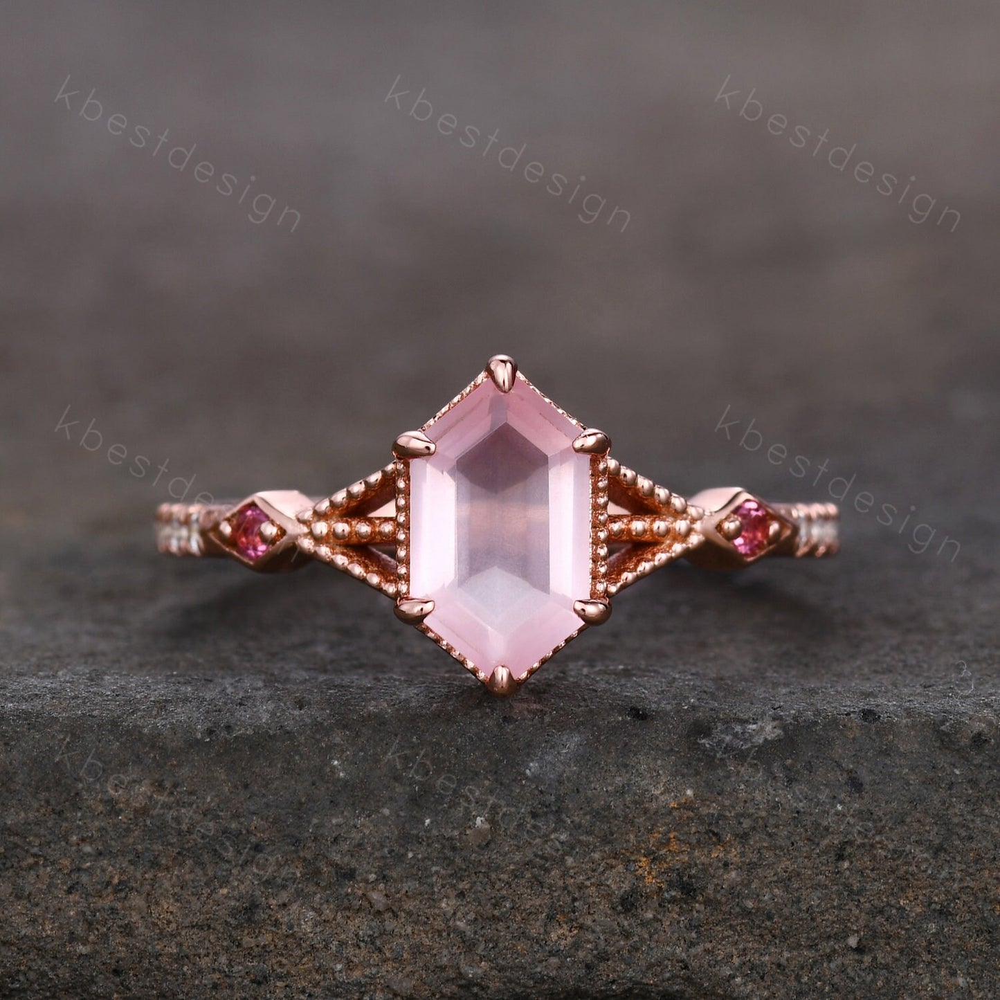Retro Long hexagon Rose Quartz Ring Vintage Rose Gold Engagement Ring Unique Art Deco Pink Tourmaline Ring Antique Bridal Wedding Ring