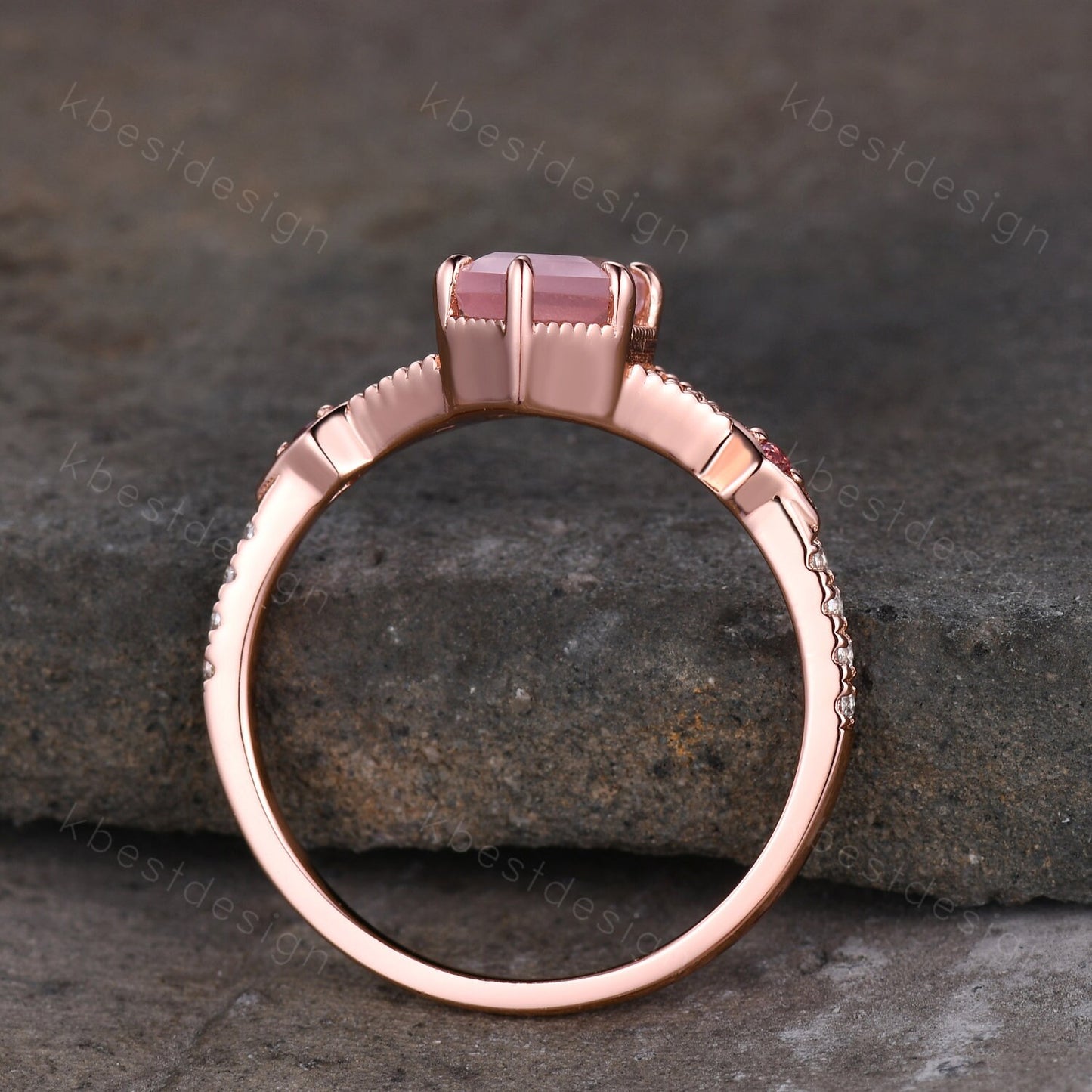 Retro Long hexagon Rose Quartz Ring Vintage Rose Gold Engagement Ring Unique Art Deco Pink Tourmaline Ring Antique Bridal Wedding Ring