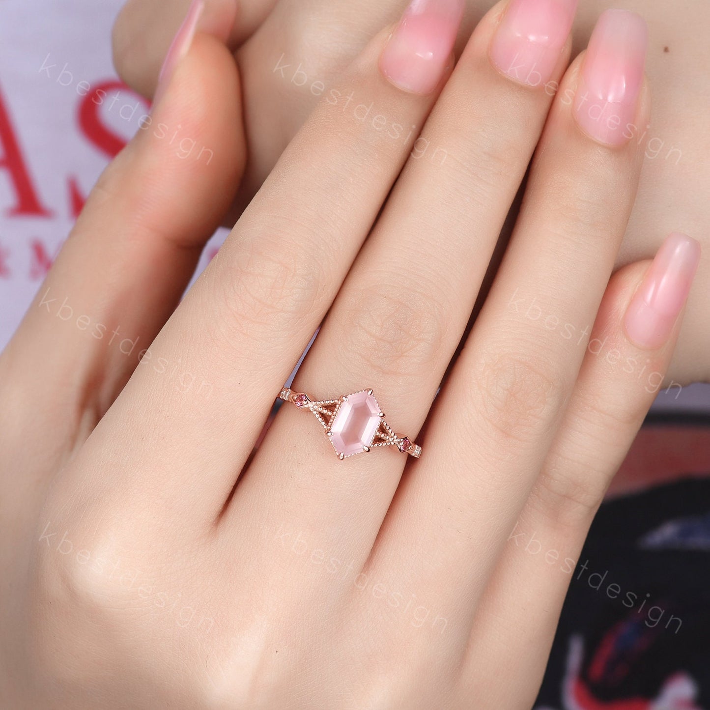 Retro Long hexagon Rose Quartz Ring Vintage Rose Gold Engagement Ring Unique Art Deco Pink Tourmaline Ring Antique Bridal Wedding Ring