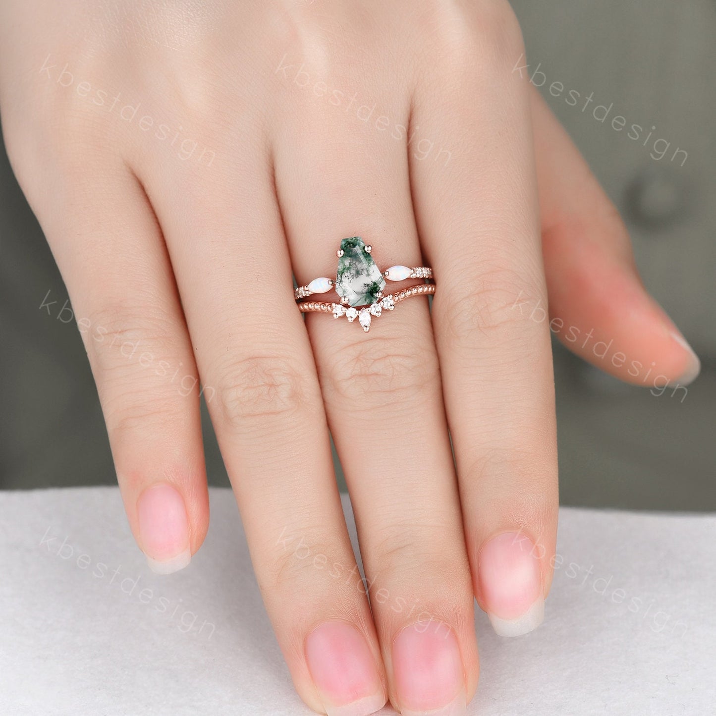 Coffin Shape Moss Agate Engagement Ring Set Unique Rose Gold Marquise Opal Wedding Ring Art Deco Moissanite Antique Promise Ring Bridal Set