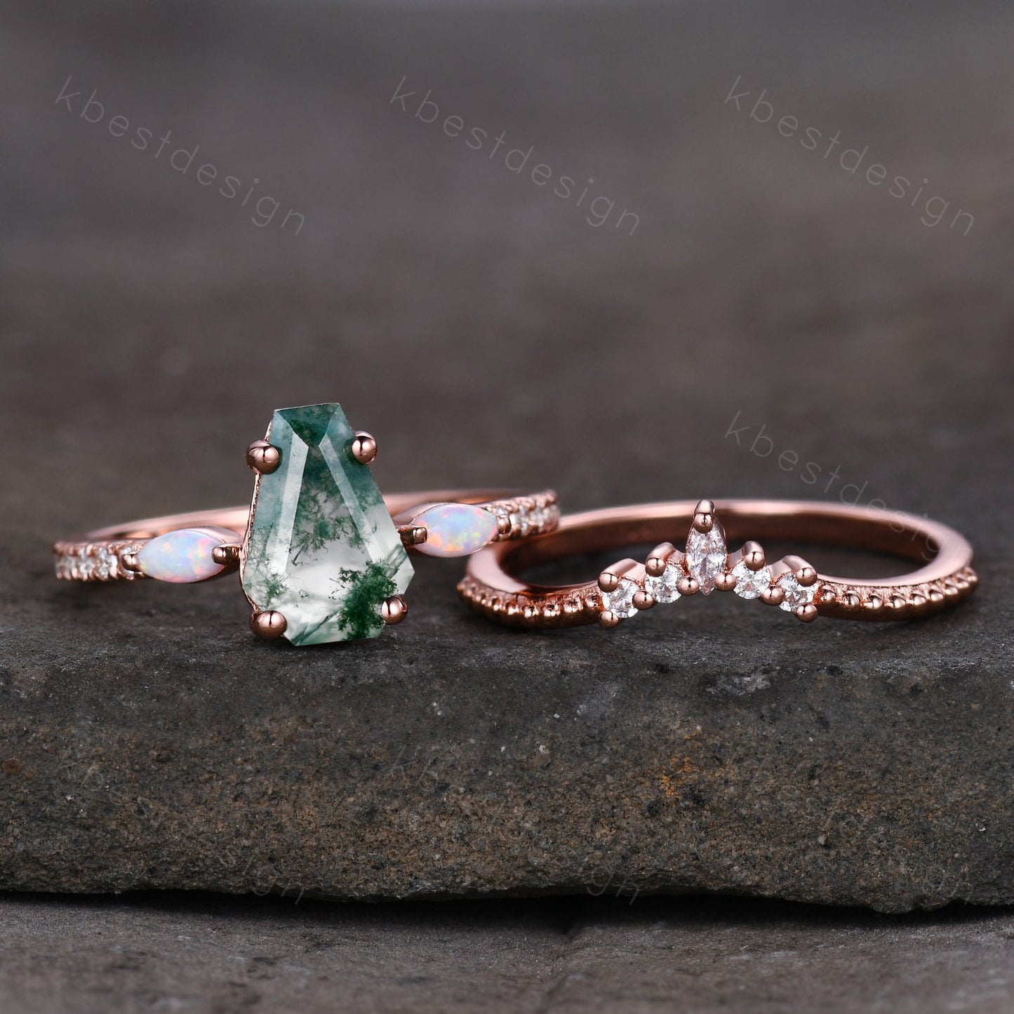 Coffin Shape Moss Agate Engagement Ring Set Unique Rose Gold Marquise Opal Wedding Ring Art Deco Moissanite Antique Promise Ring Bridal Set