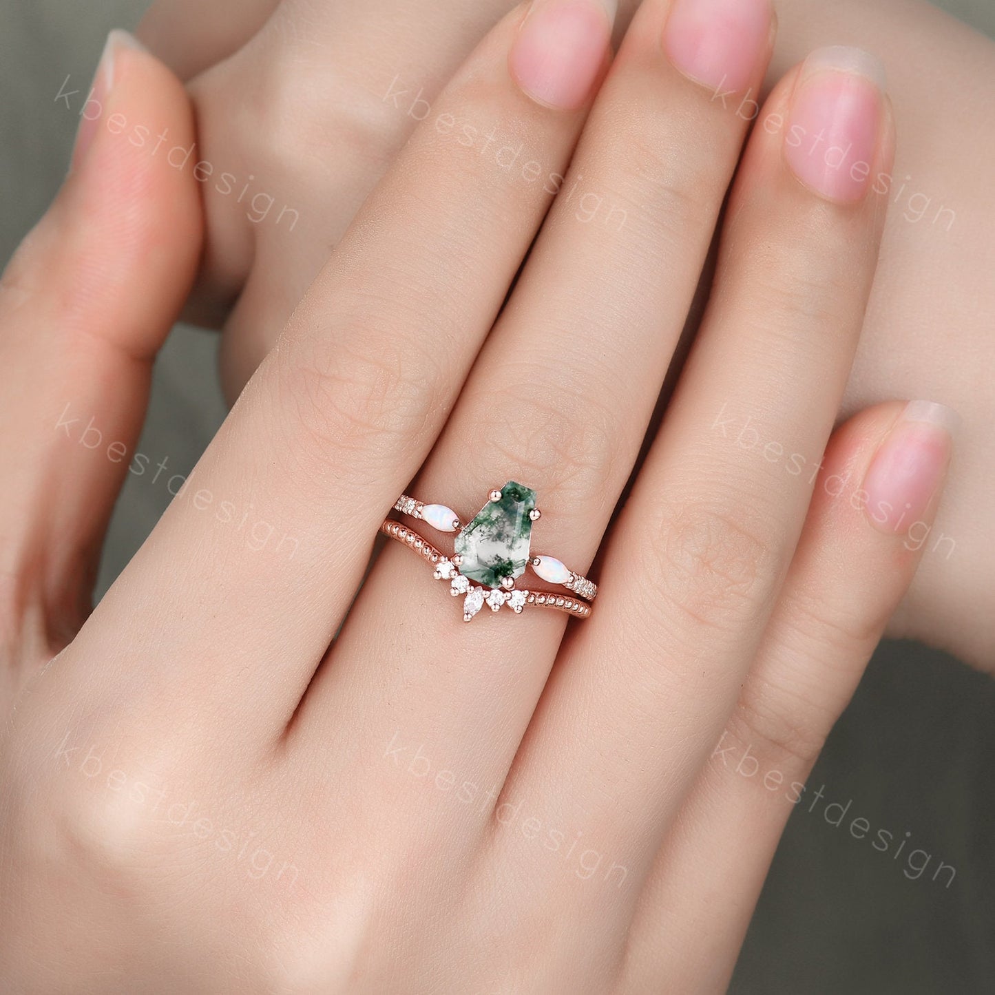 Coffin Shape Moss Agate Engagement Ring Set Unique Rose Gold Marquise Opal Wedding Ring Art Deco Moissanite Antique Promise Ring Bridal Set