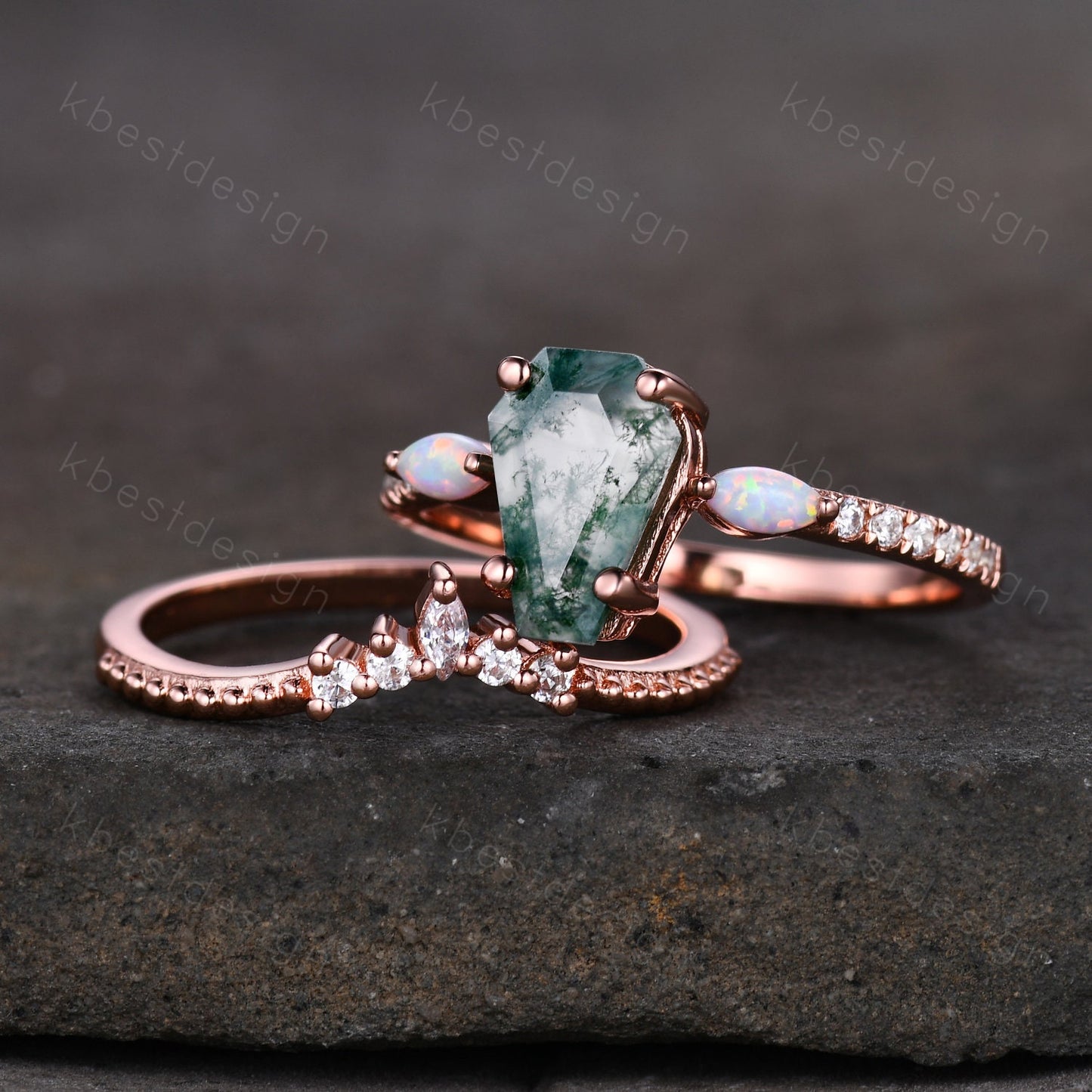 Coffin Shape Moss Agate Engagement Ring Set Unique Rose Gold Marquise Opal Wedding Ring Art Deco Moissanite Antique Promise Ring Bridal Set