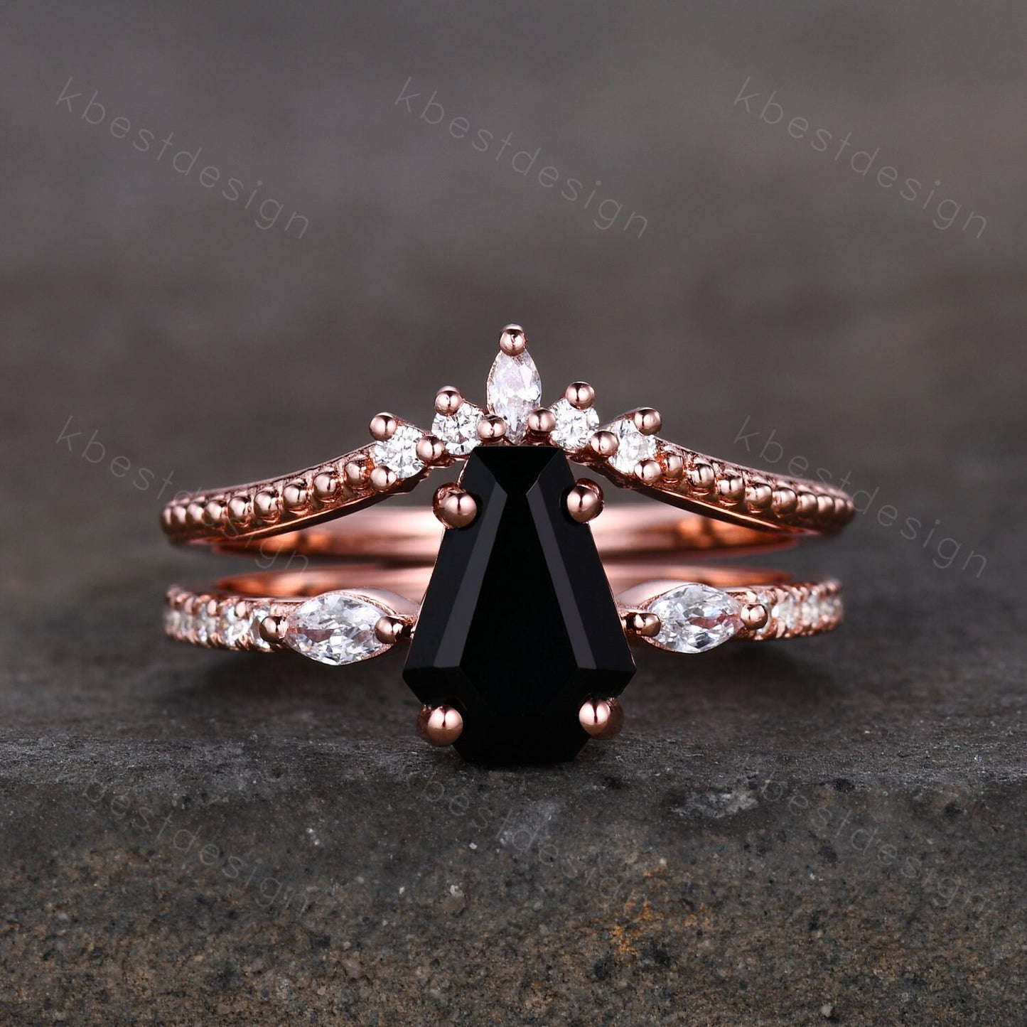Coffin Shape Black Onyx Engagement Ring Set Vintage Moissanite Cluster Wedding Ring Art Deco Curved Stacking Band Unique Bridal Promise Set