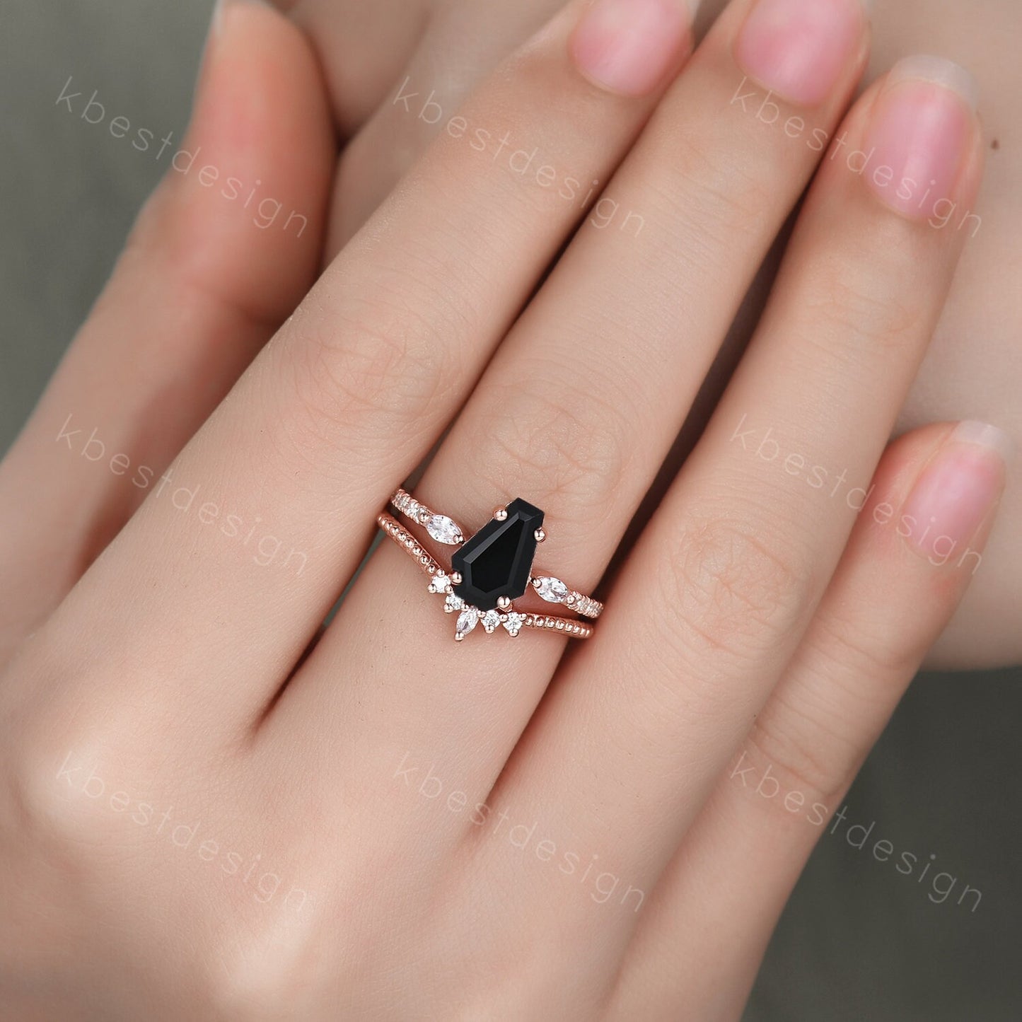 Coffin Shape Black Onyx Engagement Ring Set Vintage Moissanite Cluster Wedding Ring Art Deco Curved Stacking Band Unique Bridal Promise Set