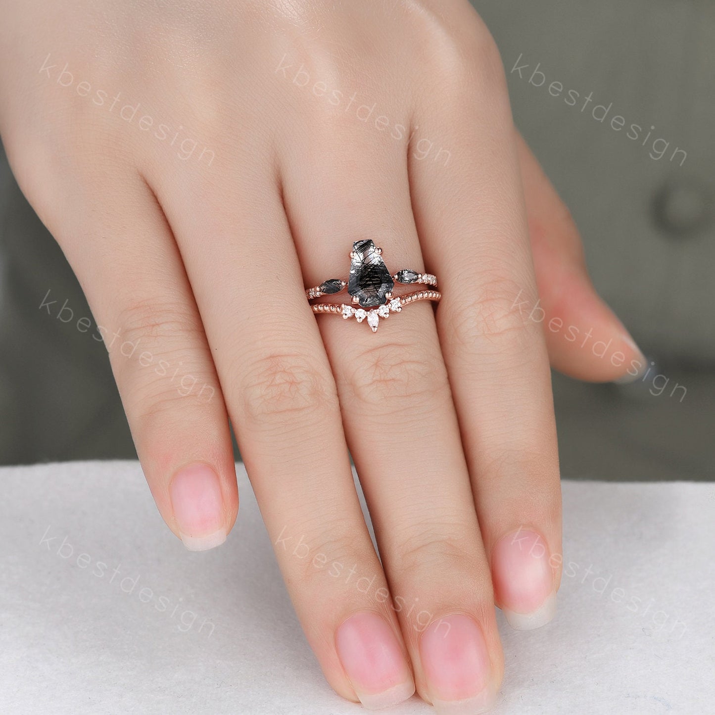 Vintage coffin cut black rutilated quartz engagement ring 14K Rose gold unique Moissanite ring Art deco Curved stacking band Bridal Ring Set
