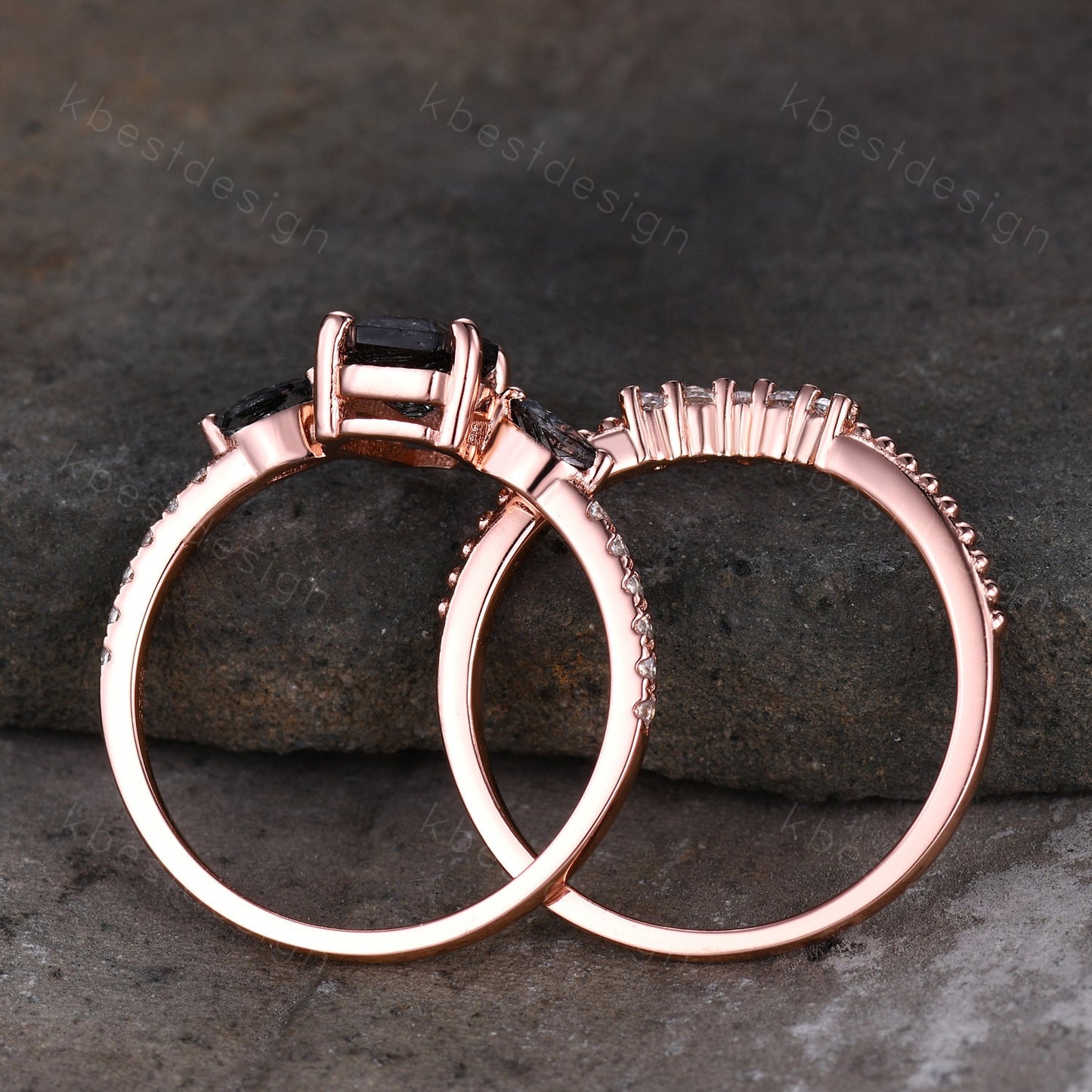 Vintage coffin cut black rutilated quartz engagement ring 14K Rose gold unique Moissanite ring Art deco Curved stacking band Bridal Ring Set