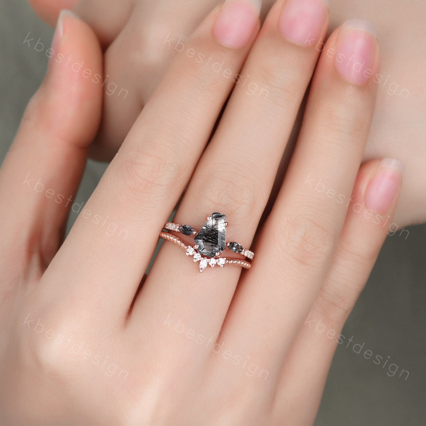 Vintage coffin cut black rutilated quartz engagement ring 14K Rose gold unique Moissanite ring Art deco Curved stacking band Bridal Ring Set
