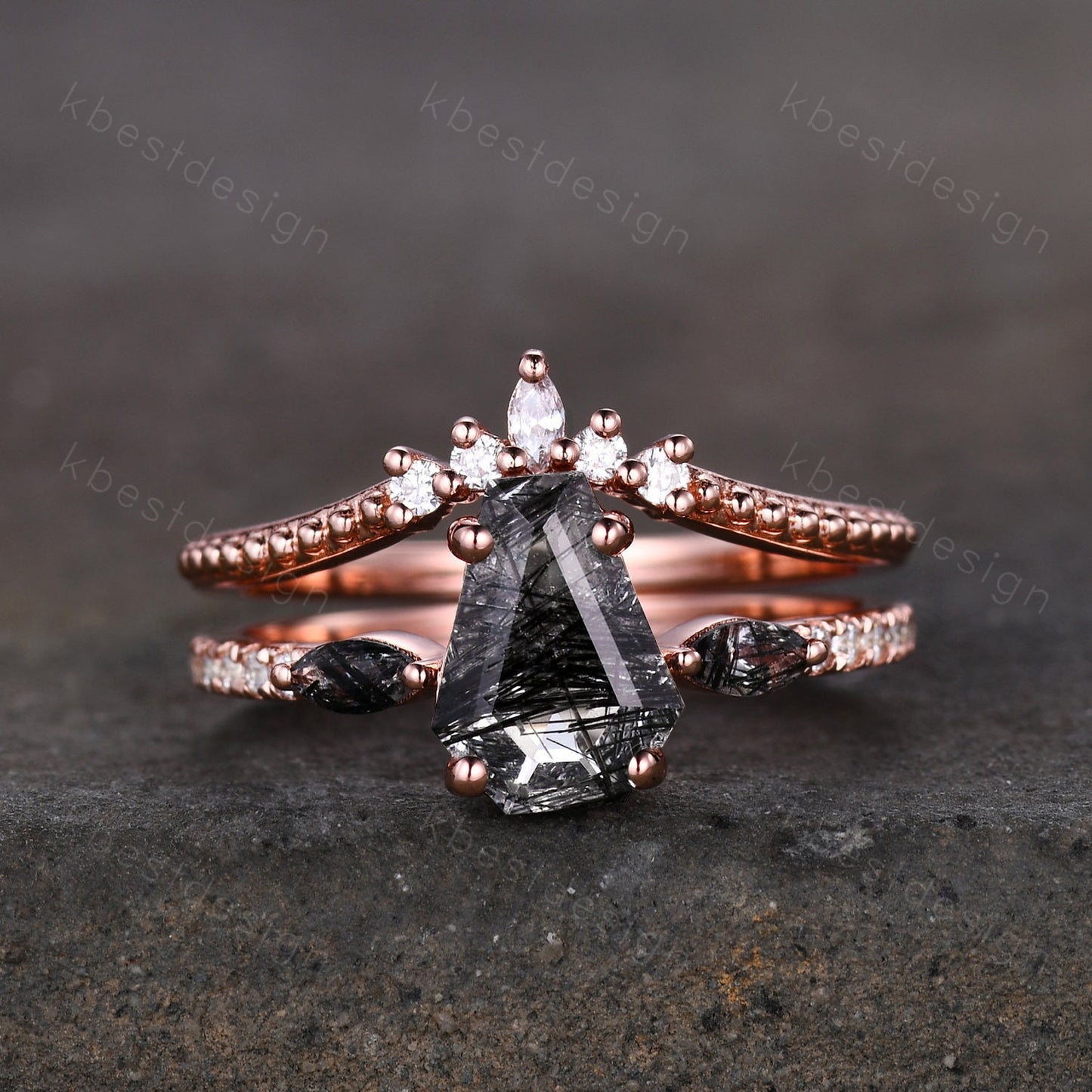 Vintage coffin cut black rutilated quartz engagement ring 14K Rose gold unique Moissanite ring Art deco Curved stacking band Bridal Ring Set