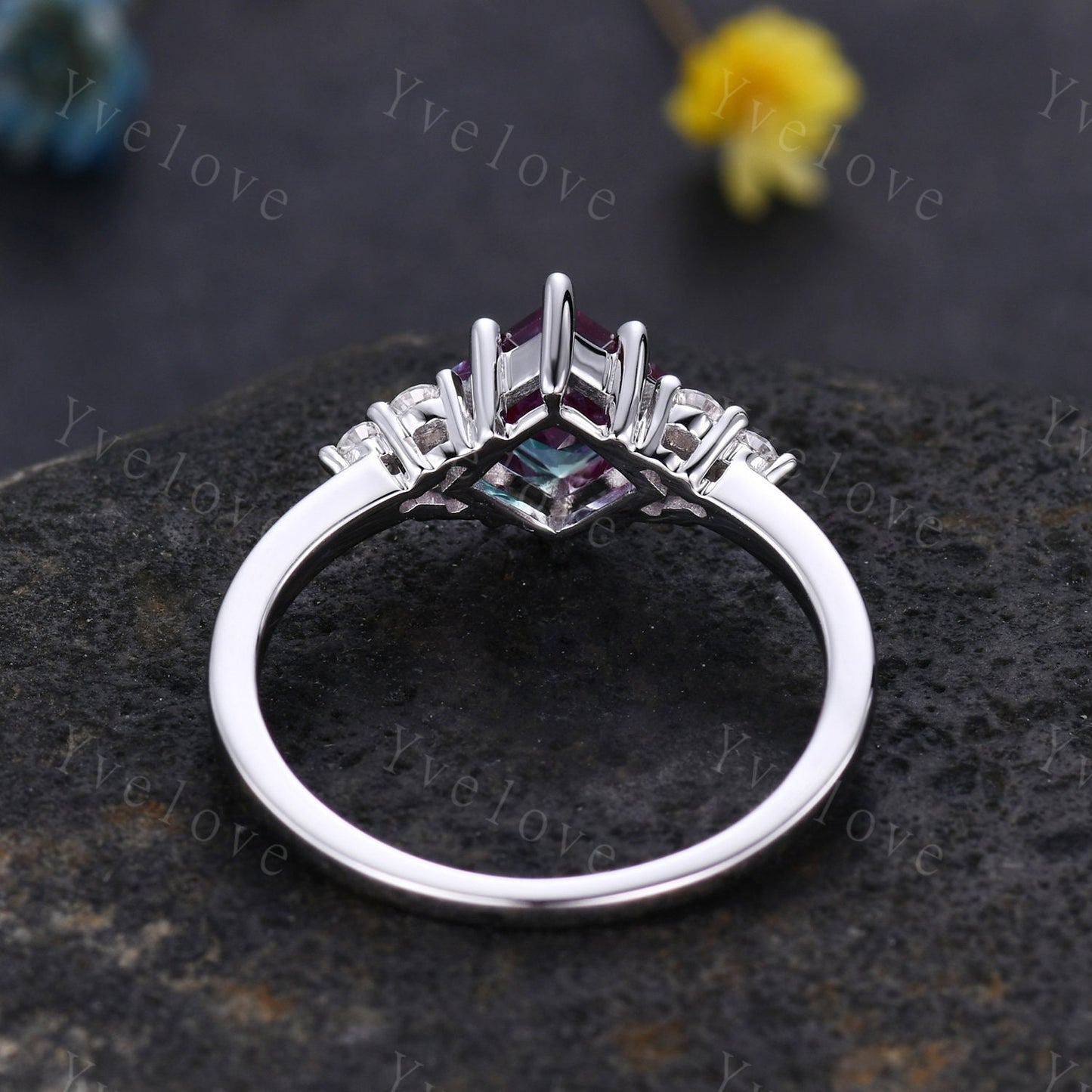 Retro Princess Shaped Alexandrite Ring,Vintage Sterling Silver Ring Set,Unique Engagement Ring,Promise Ring,Anniversary Ring Gift For Her