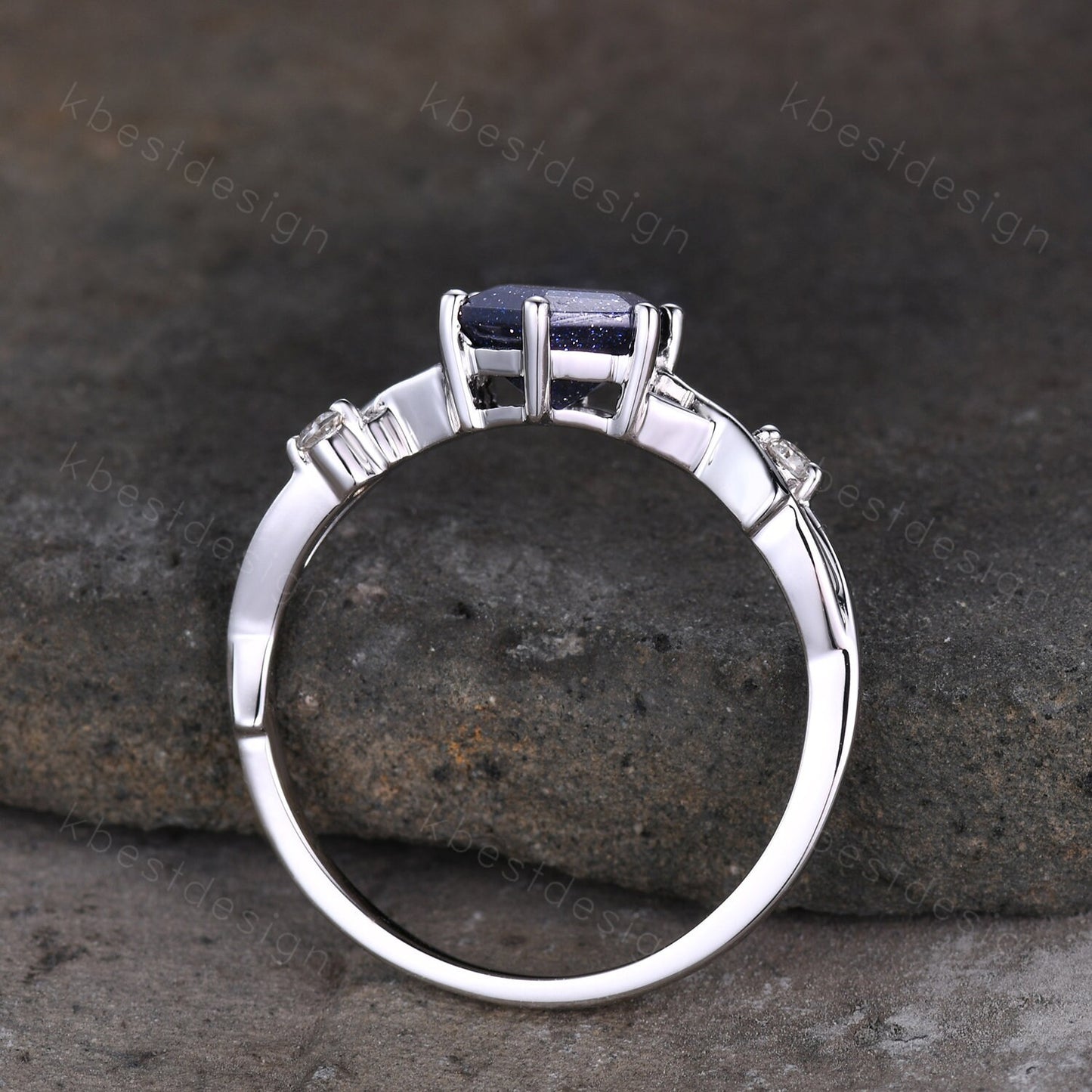 Hexagon cut Blue sandstone engagement ring Unique twig twisted wedding ring Women Vintage engagement ring White gold Promise Ring Gift