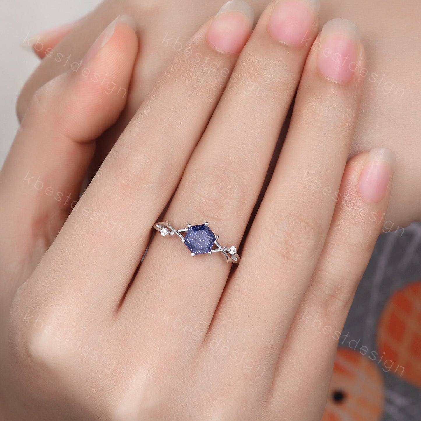 Hexagon cut Blue sandstone engagement ring Unique twig twisted wedding ring Women Vintage engagement ring White gold Promise Ring Gift